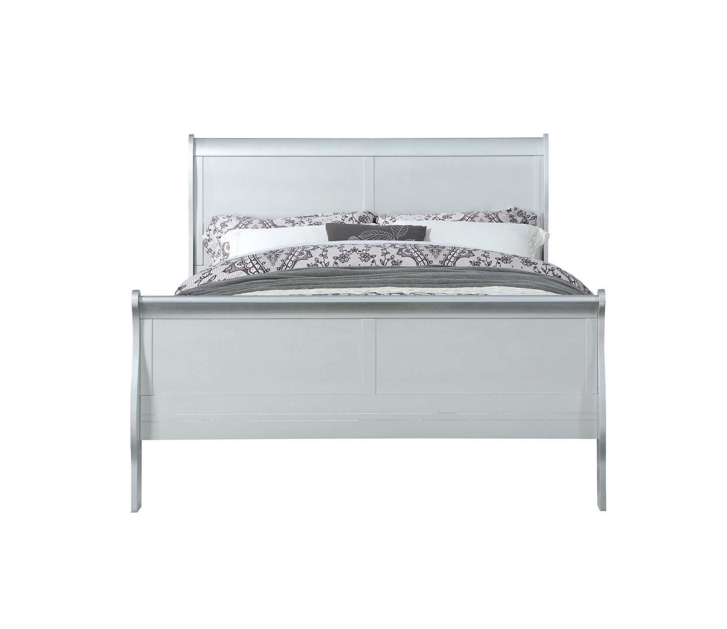 Sleek silver sleigh bed frame with plush bedding and decorative pillows