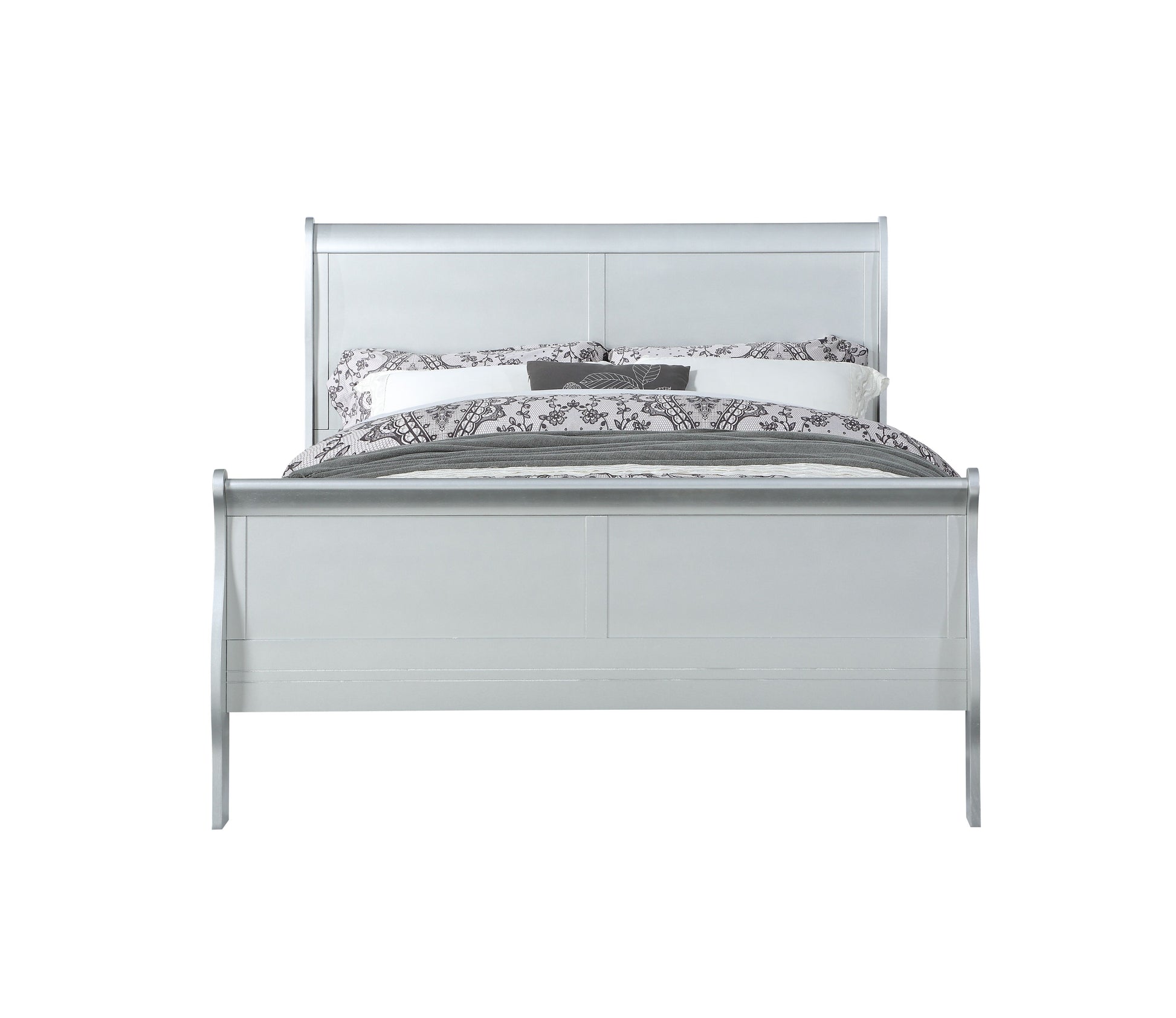 Sleek silver sleigh bed frame with plush bedding and decorative pillows