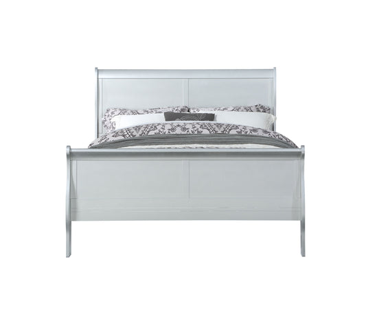 Sleek silver sleigh bed frame with plush bedding and decorative pillows