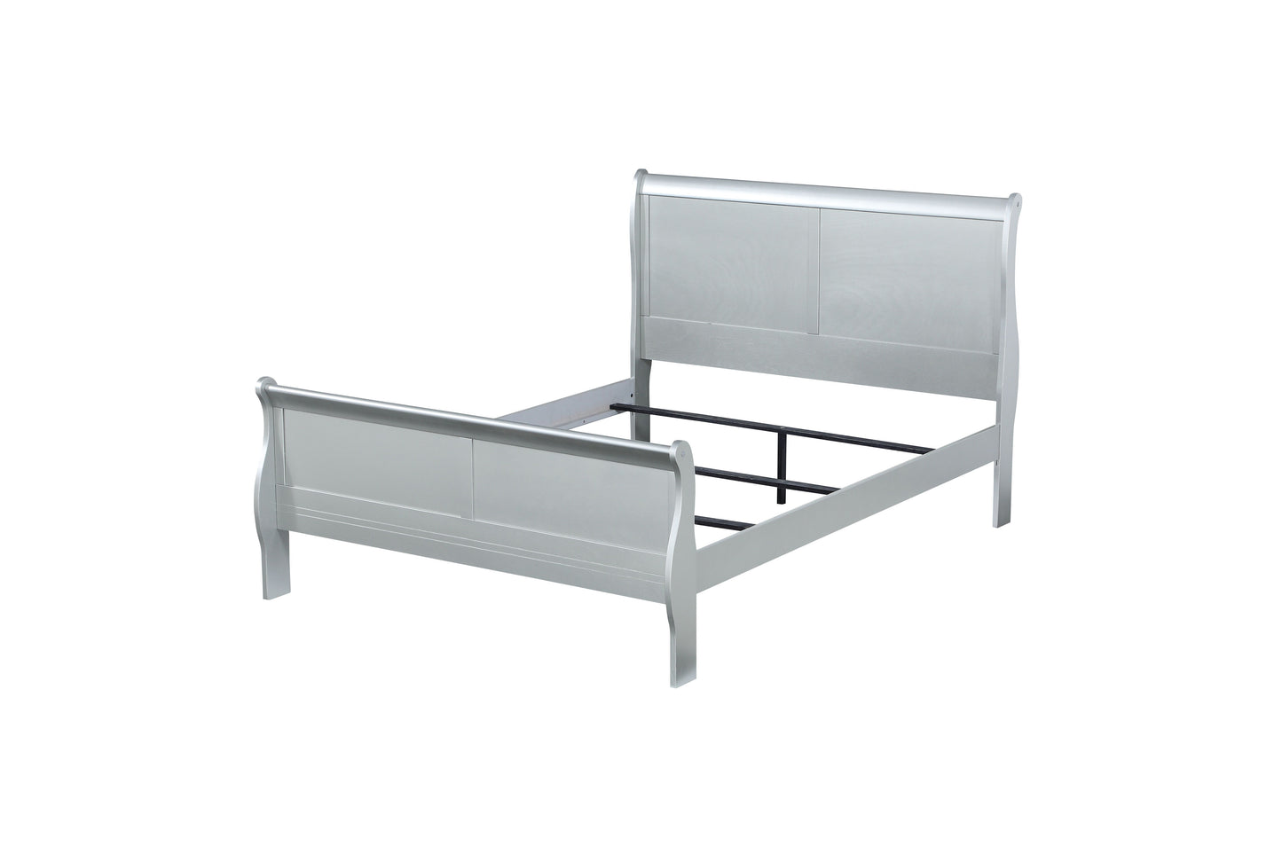 Sleek silver sleigh bed frame with padded headboard and footboard modern design