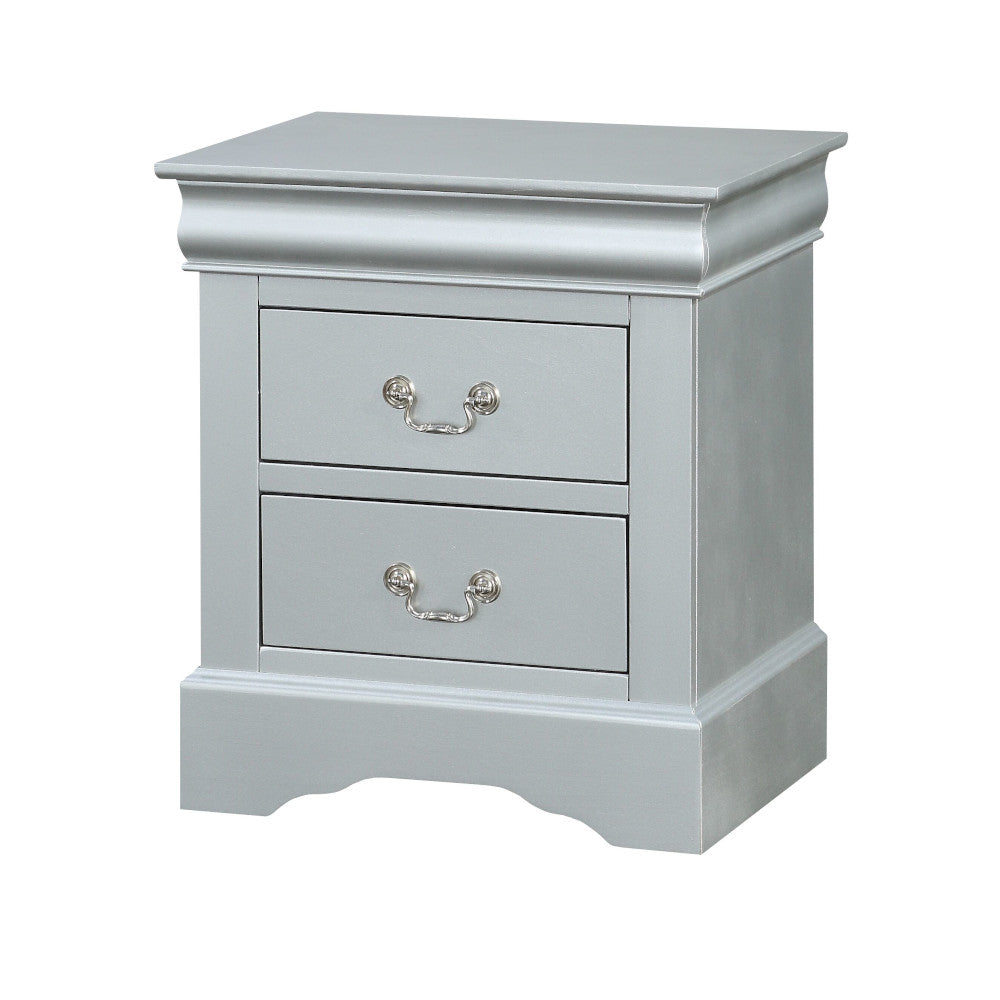 Elegant silver nightstand with two drawers and ornate hardware