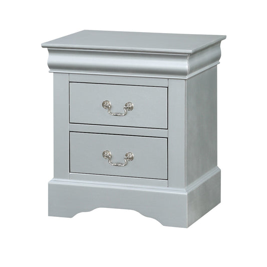 Elegant silver nightstand with two drawers and ornate hardware