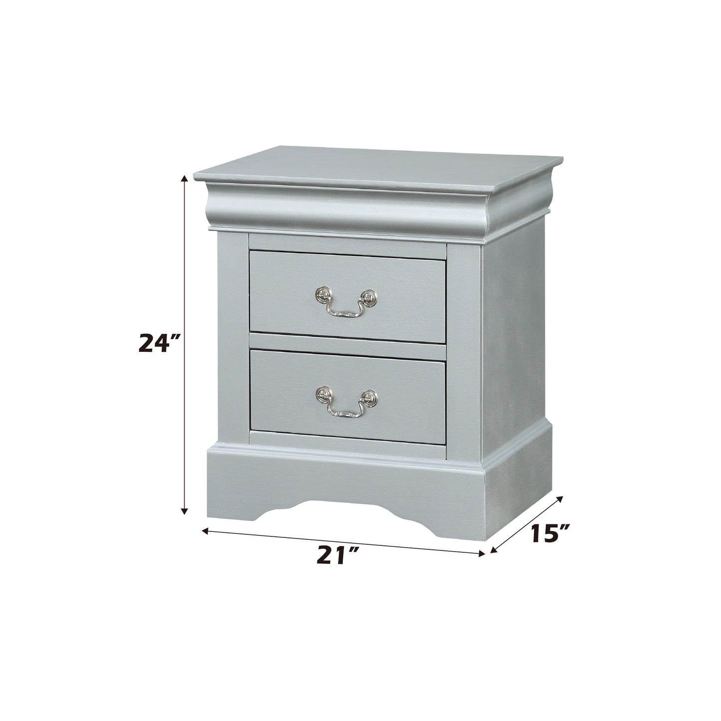 Elegant silver twodrawer nightstand with ornate silver pulls