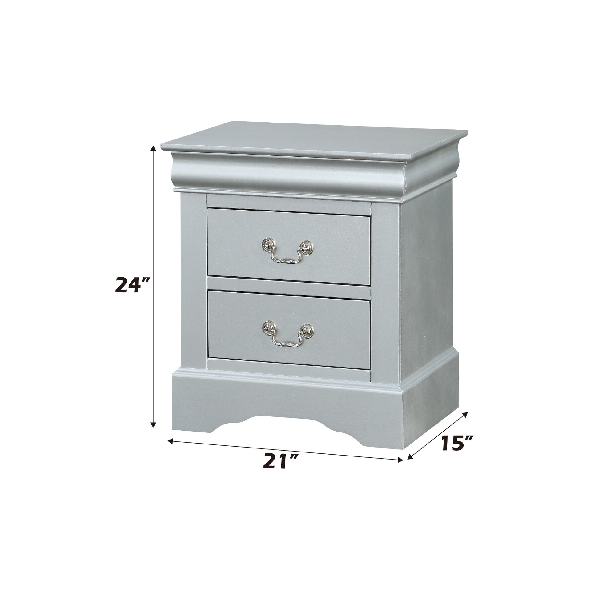 Elegant silver twodrawer nightstand with ornate silver pulls