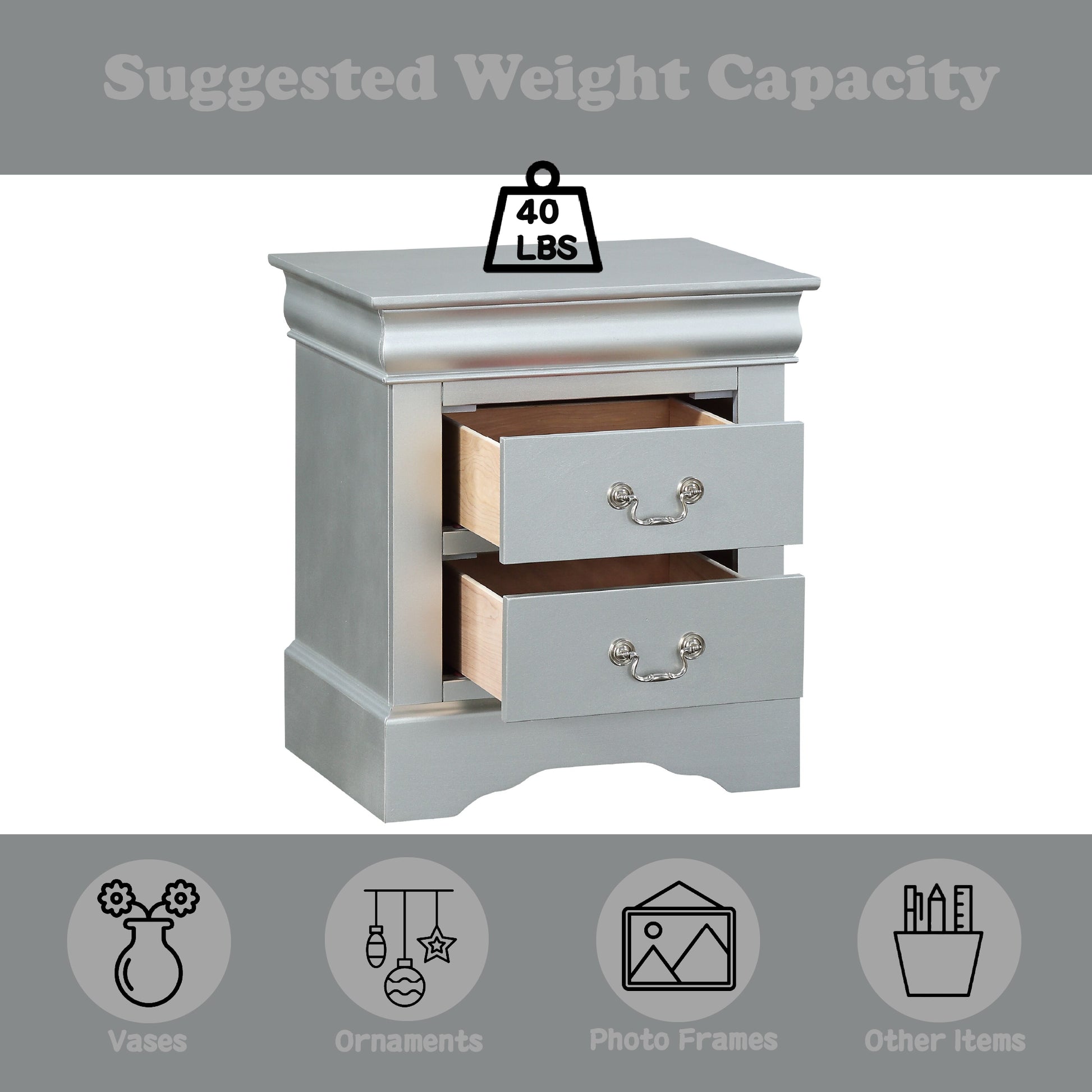 Silver twodrawer nightstand with ornate silver pulls and open drawers