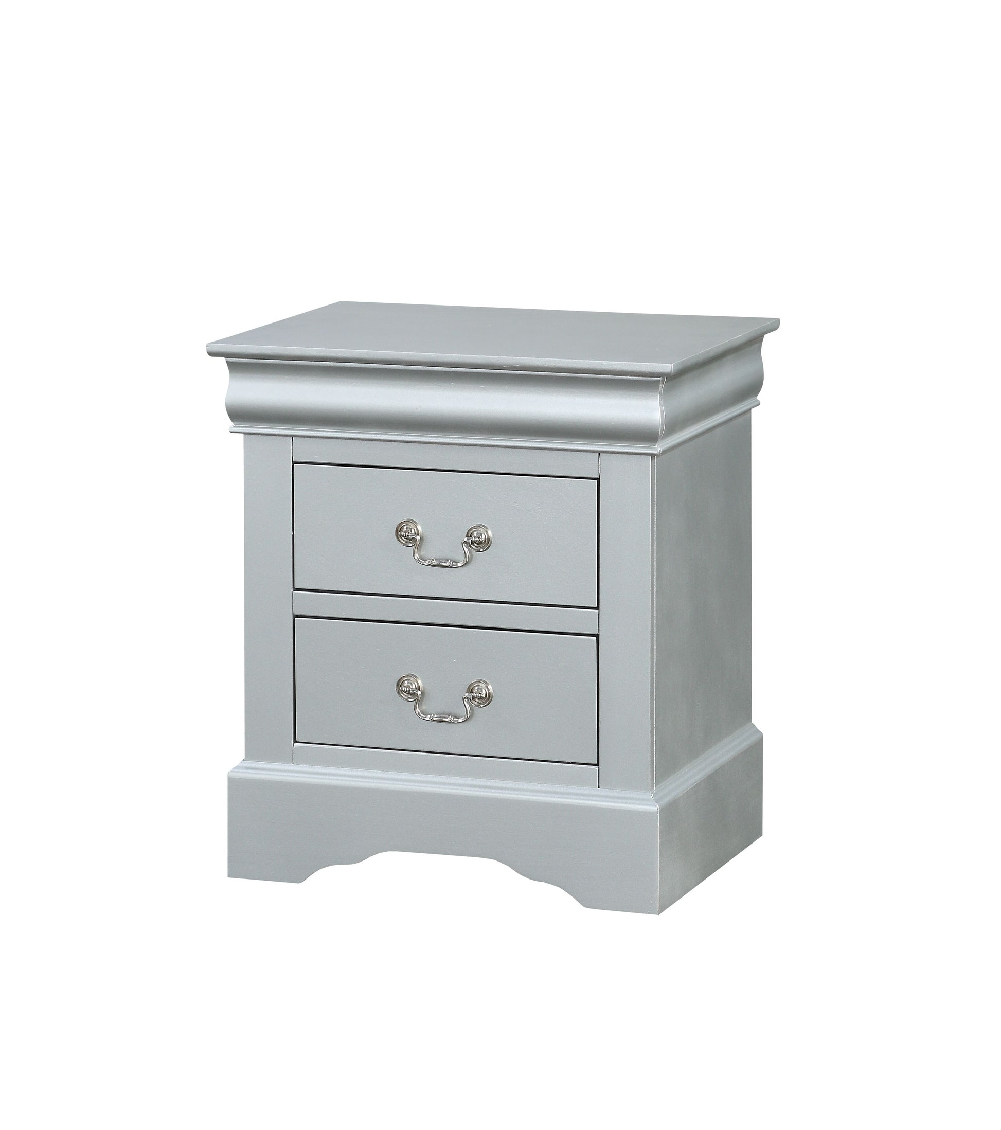 Silver twodrawer nightstand with ornate hardware