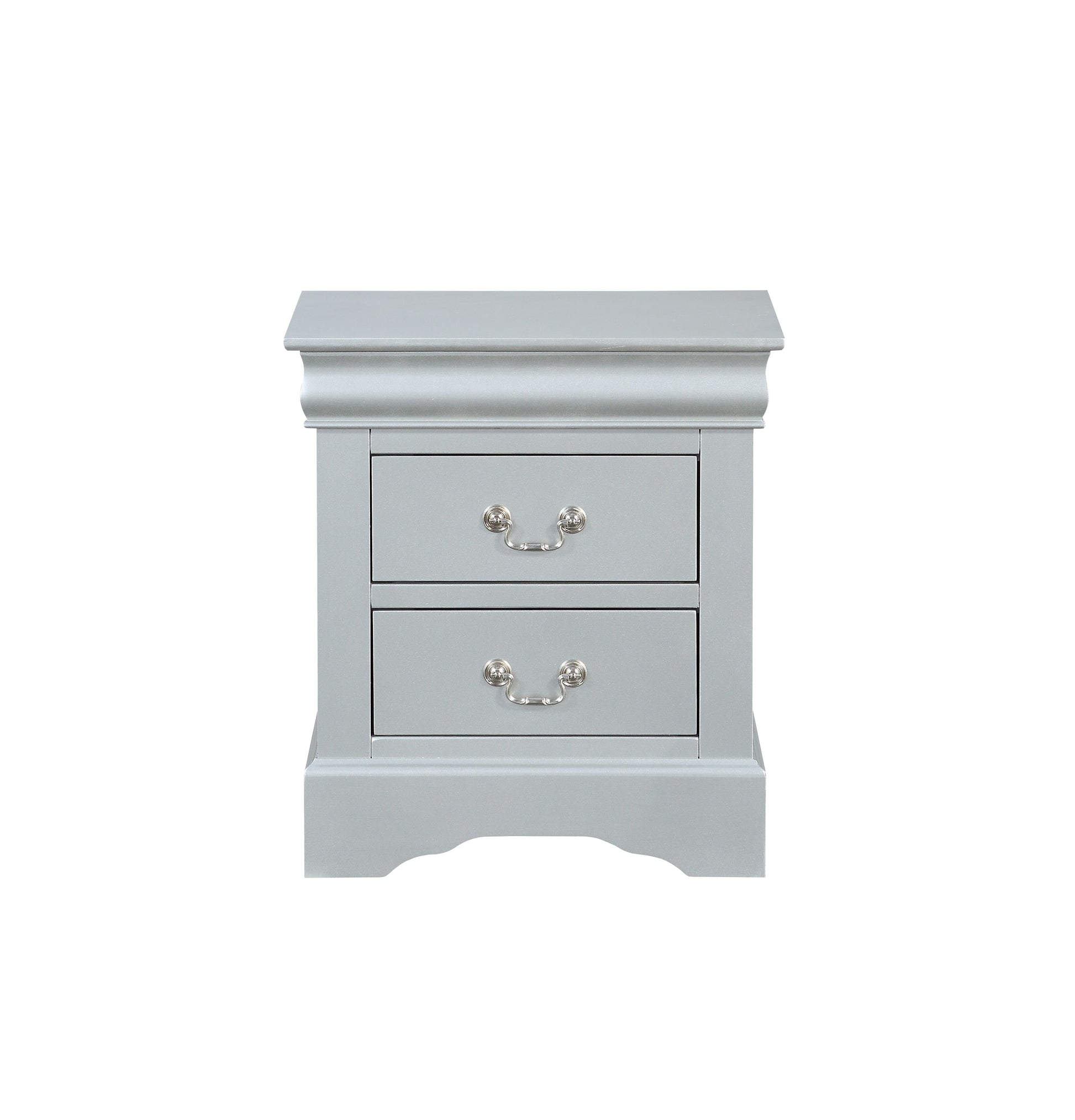 Light gray wooden twodrawer nightstand with decorative silver pulls