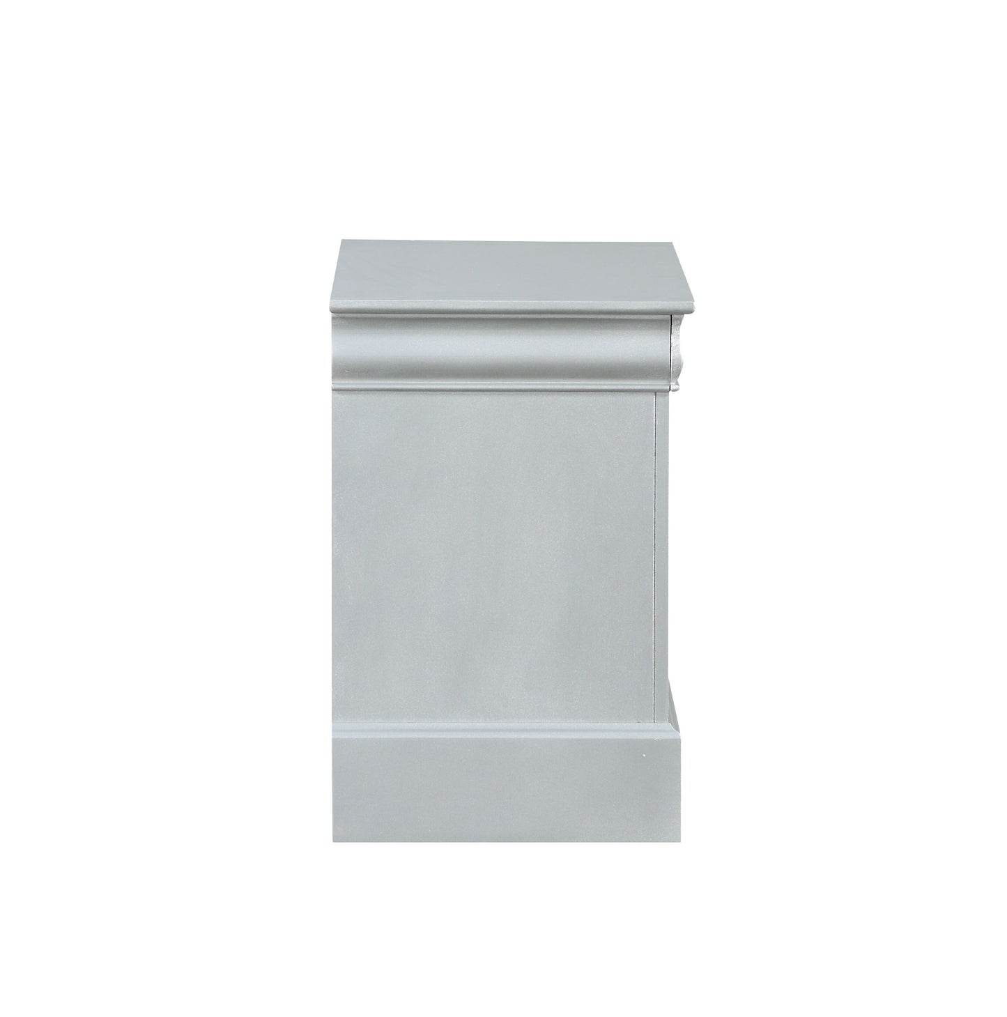 Side view of a light grey painted wooden fireplace surround with ornate molding