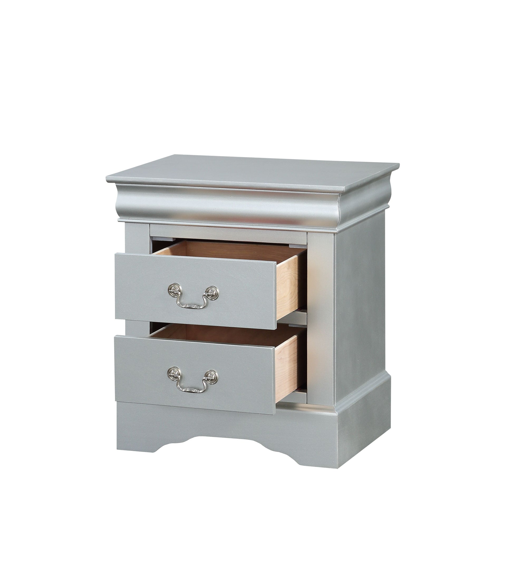 Silver twodrawer nightstand with decorative pulls