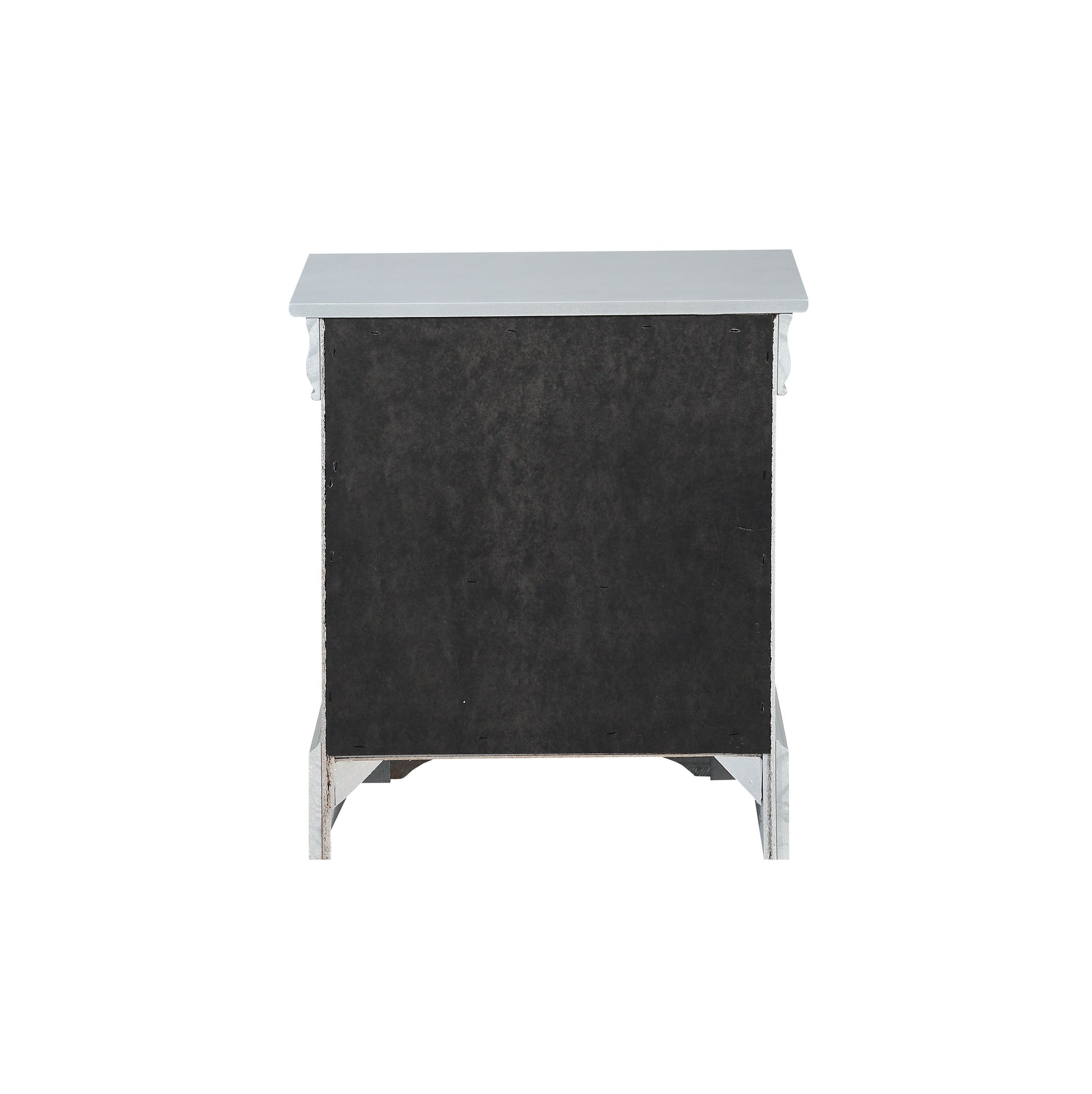 White wooden bedside table back view with dark backing