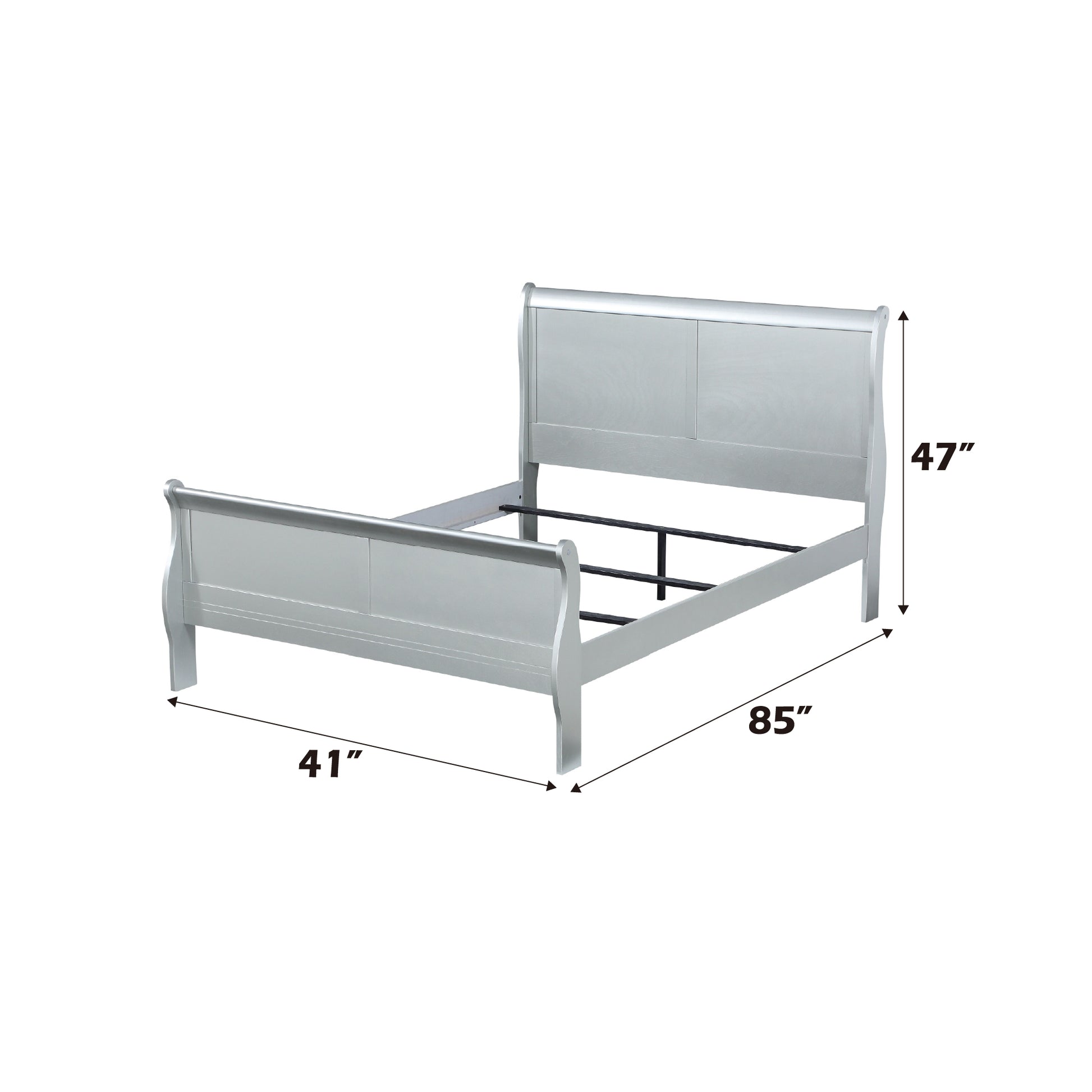 Silver sleigh bed frame with curved headboard and footboard