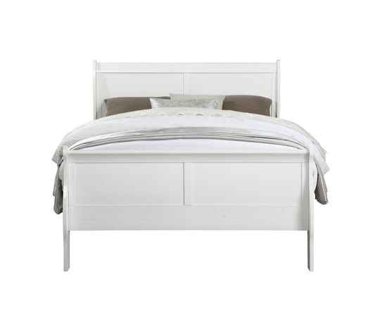 White wooden sleigh bed frame with upholstered bedding and pillows