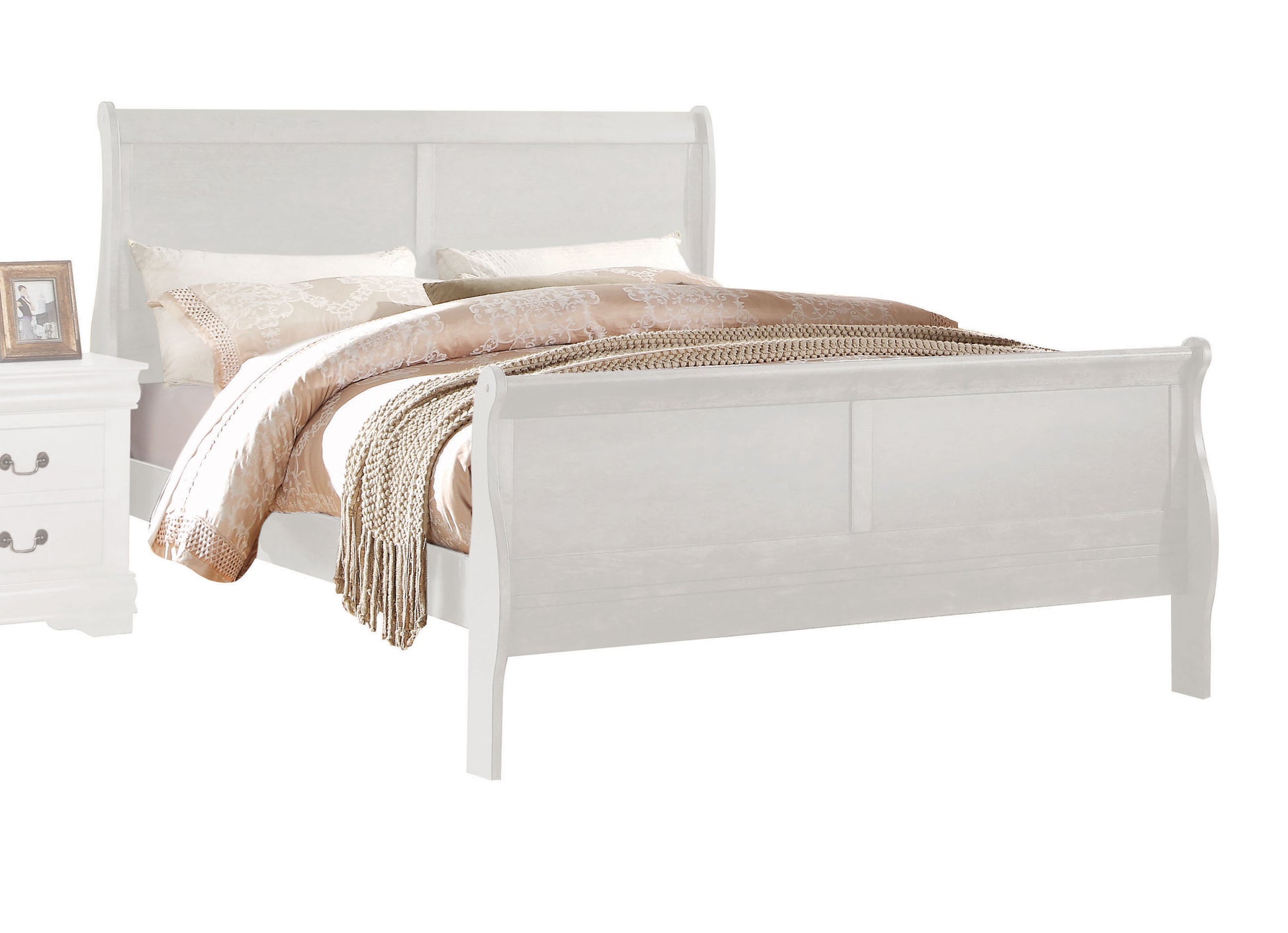 White sleigh bed frame with upholstered headboard