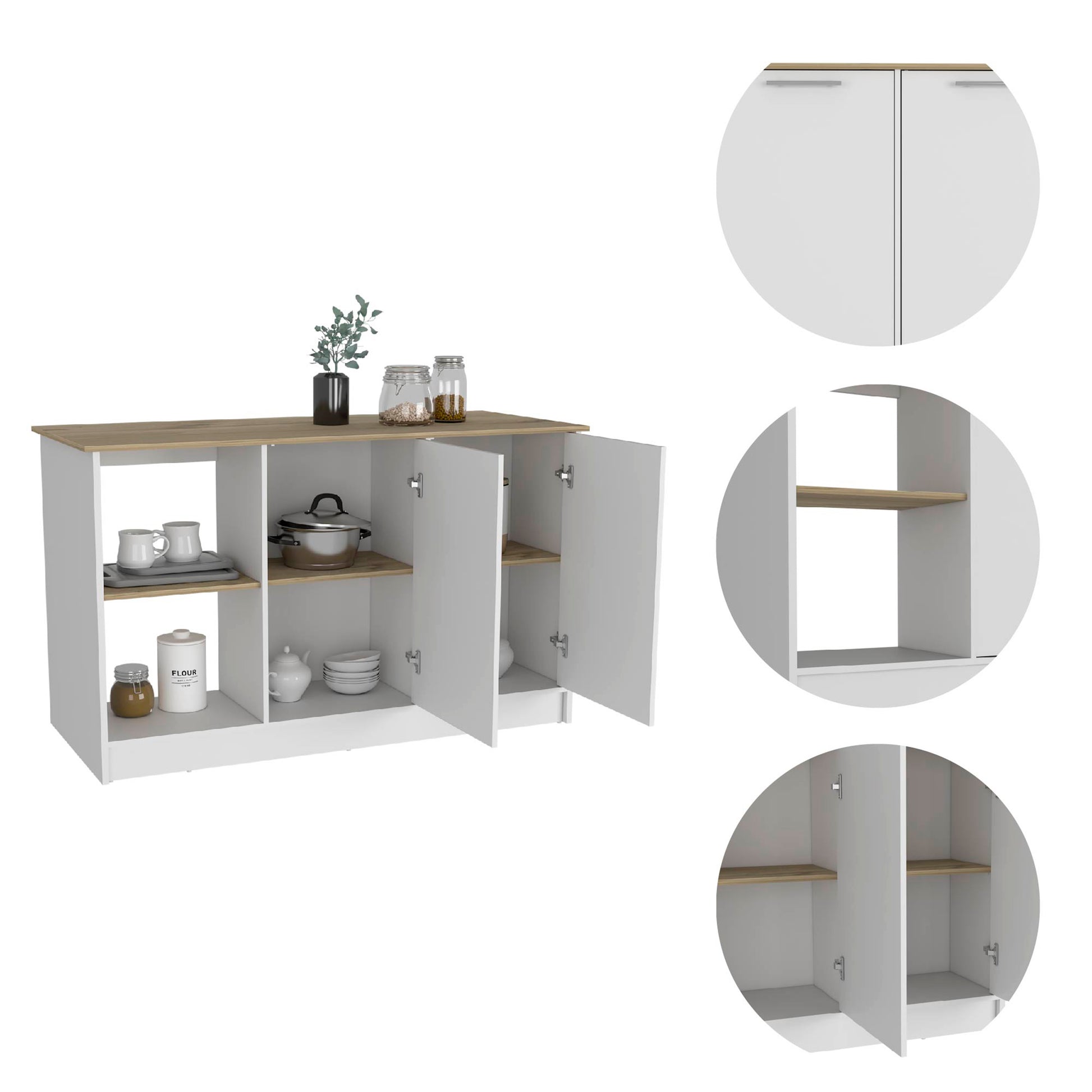 White and wood sideboard with silver handles