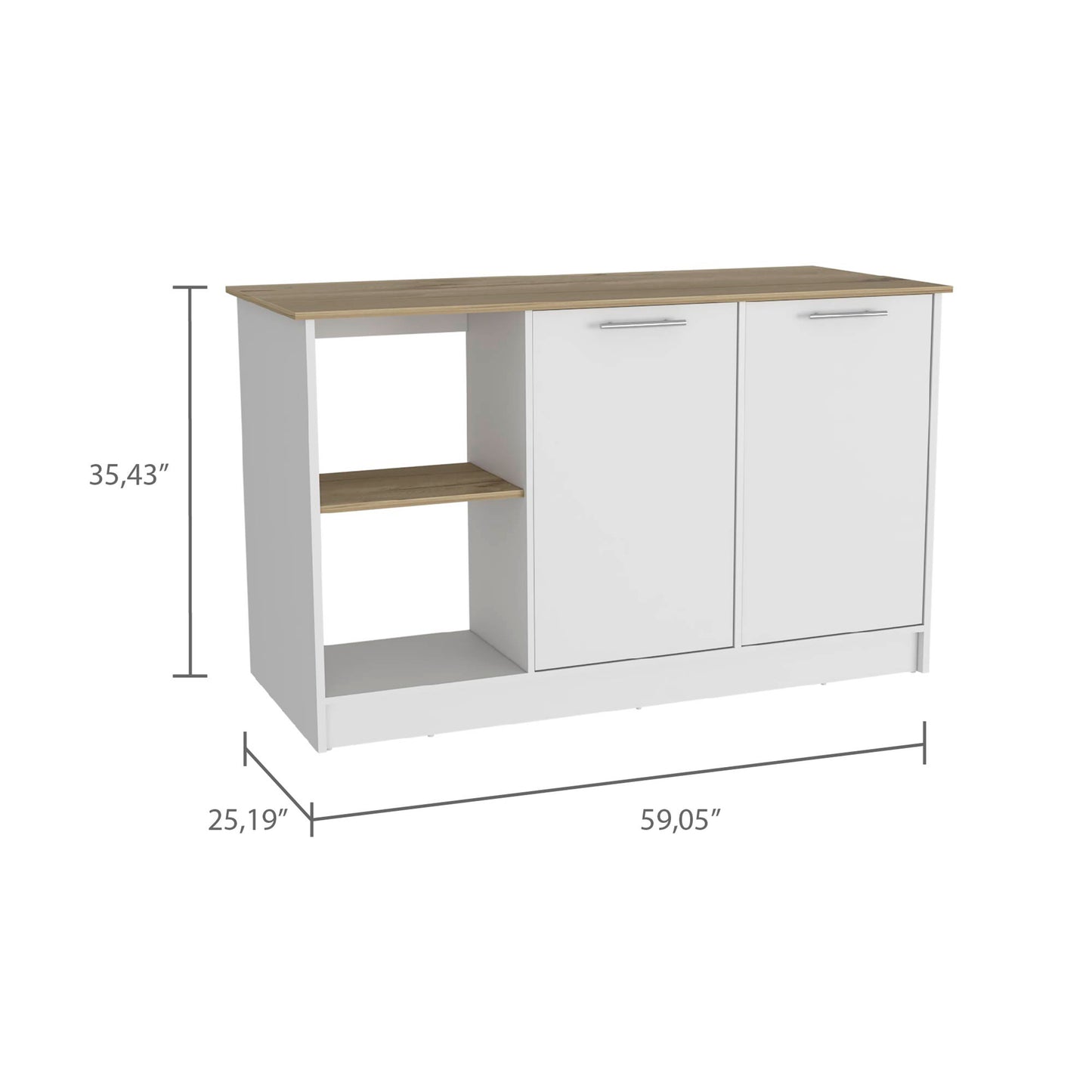 White and wood cabinet with two doors and an open shelf