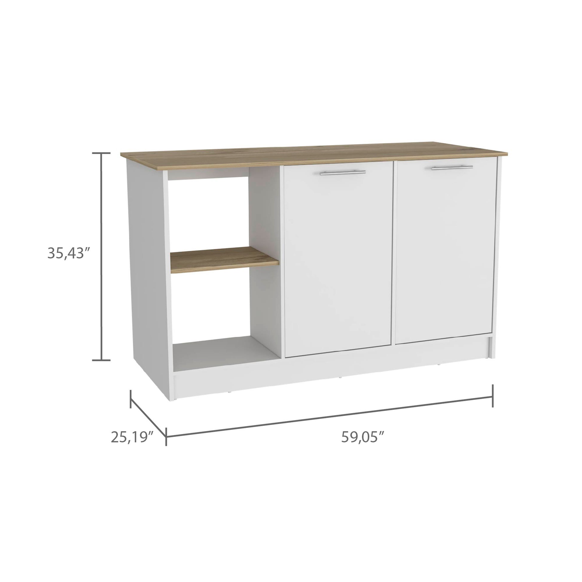 White and wood cabinet with two doors and an open shelf