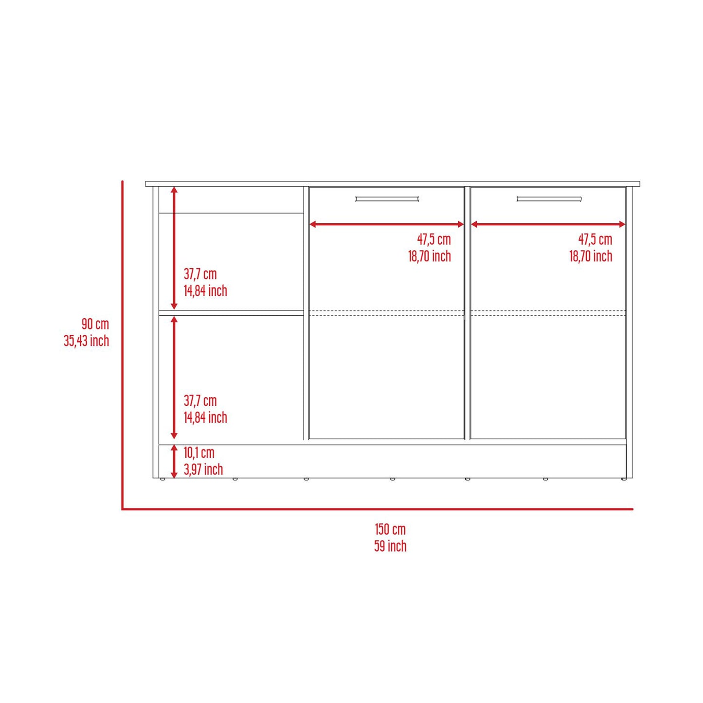 Line drawing of a white cabinet showing dimensions cm height cm width