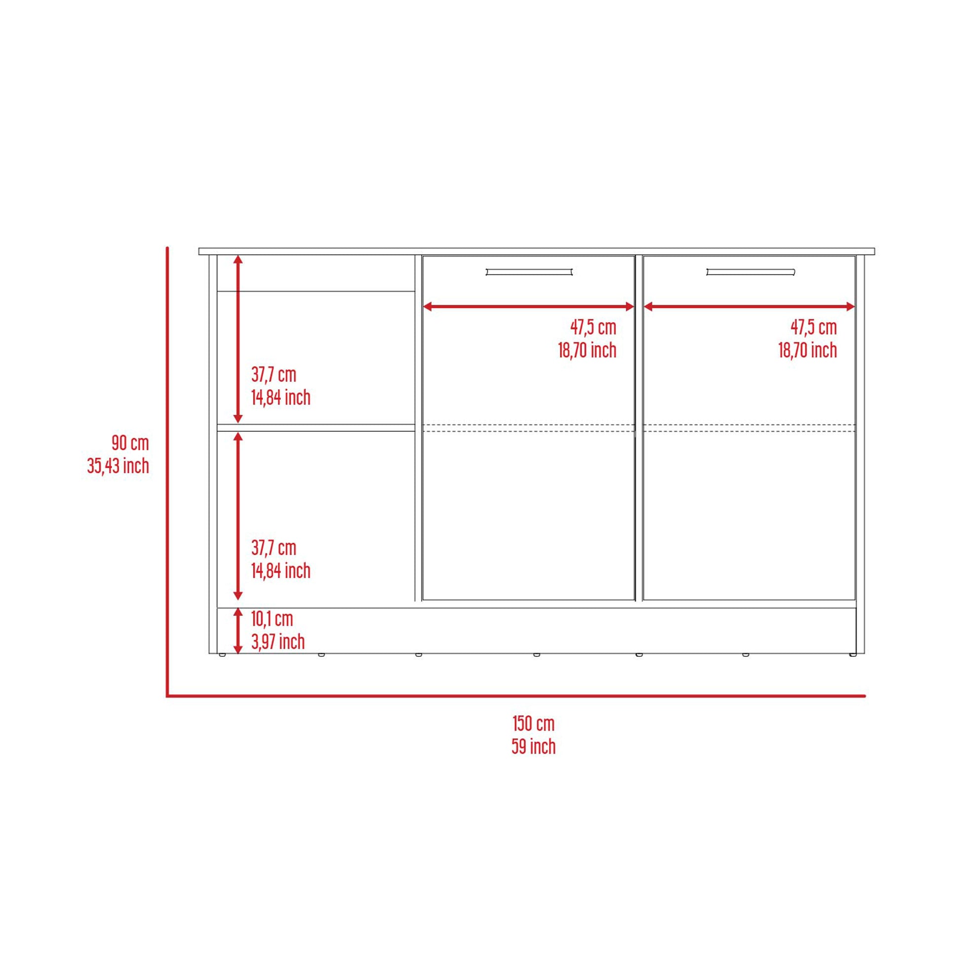 Line drawing of a white cabinet showing dimensions cm height cm width