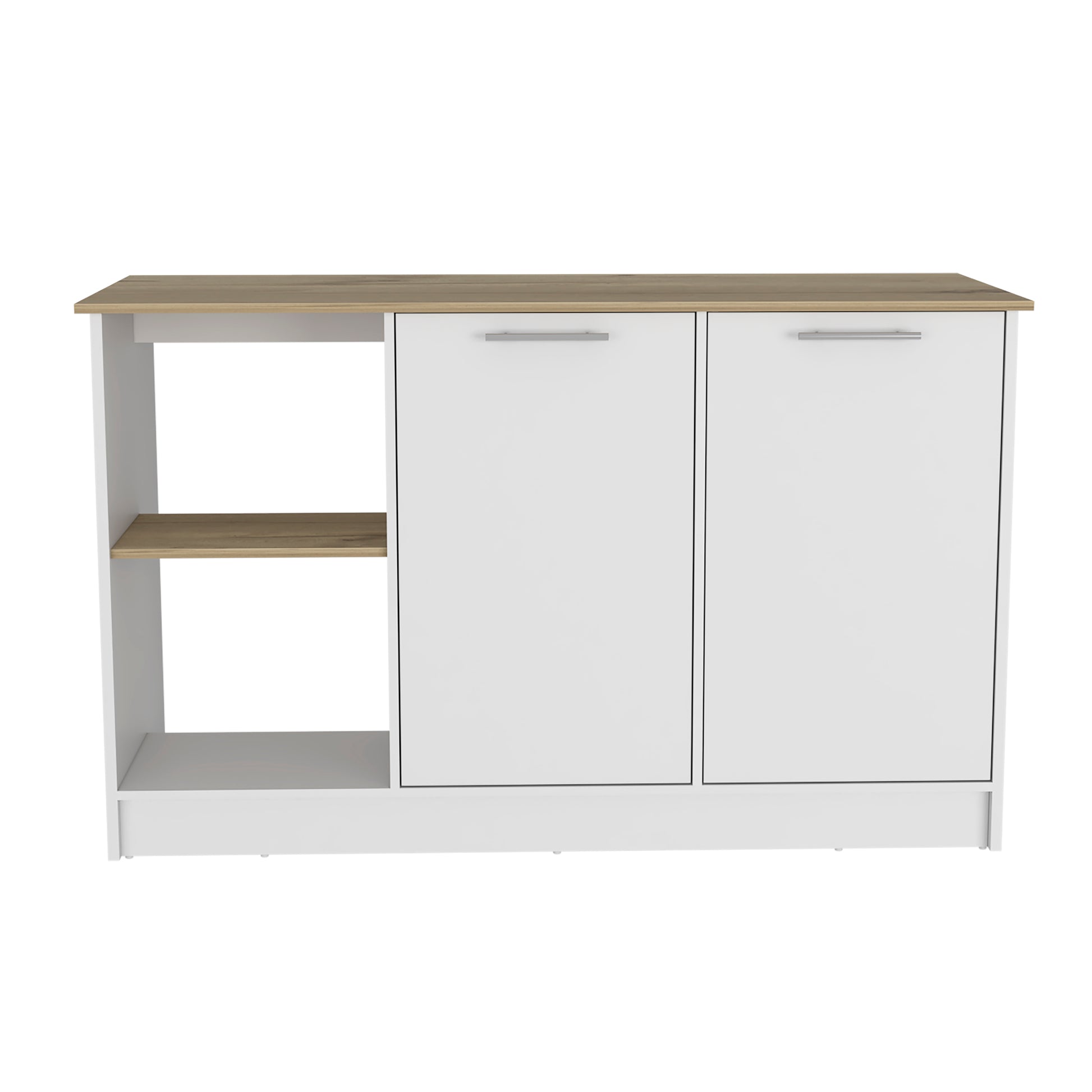 White and wood accent buffet cabinet with two doors and open shelving