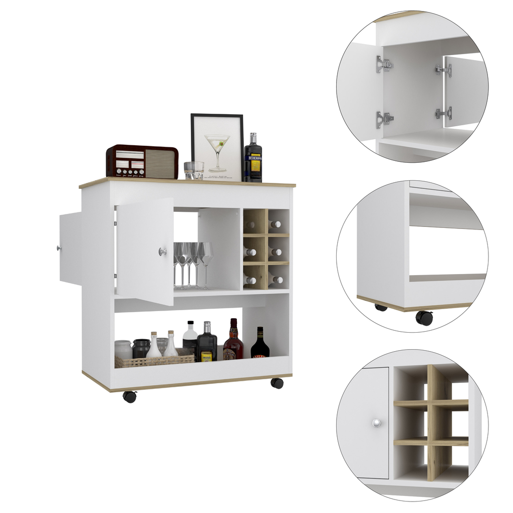 White bar cart with wine rack and open cabinet