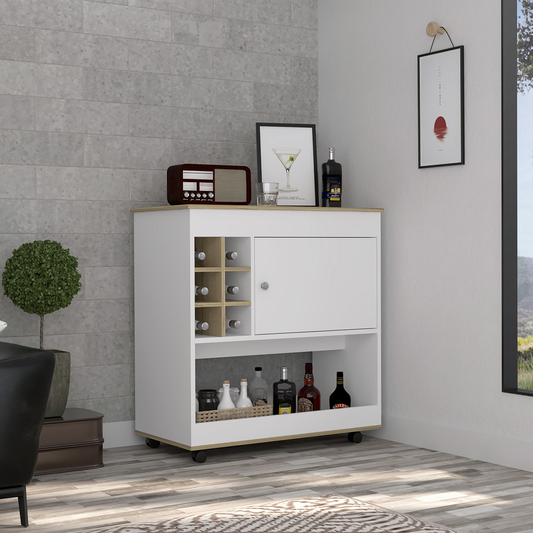 Modern white rolling bar cart with oak accents and wine rack