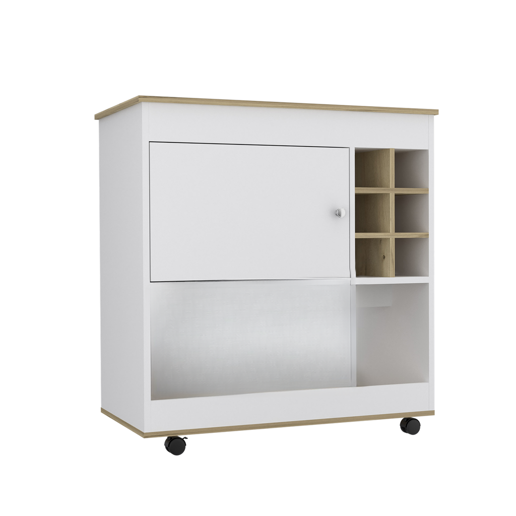 White rolling bar cart with wood accents and multiple shelves