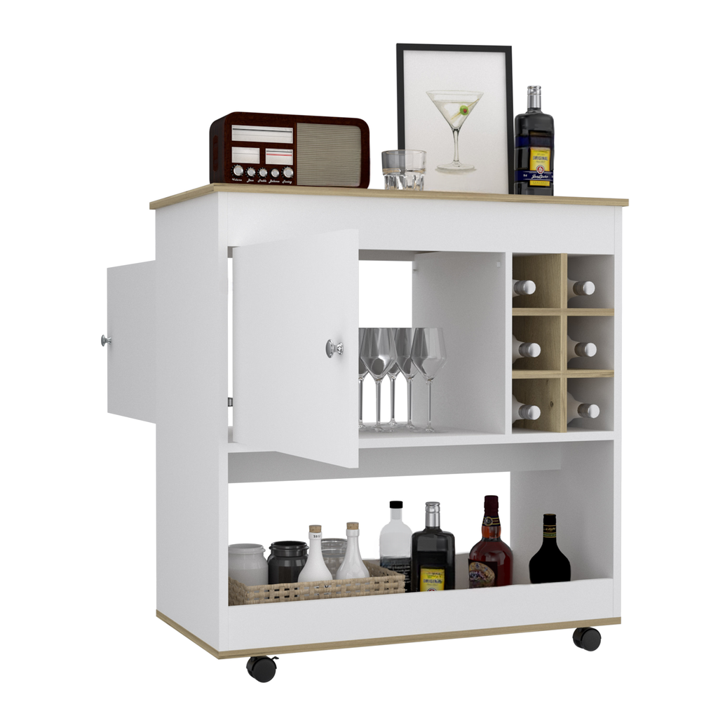 Modern white bar cart with oak accents and bottle storage