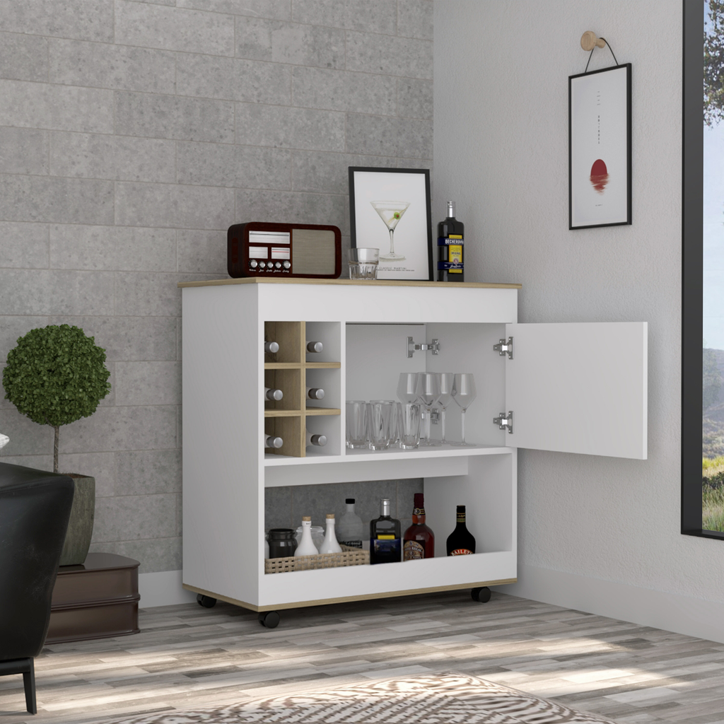 White and wood bar cabinet with wine rack and glassware