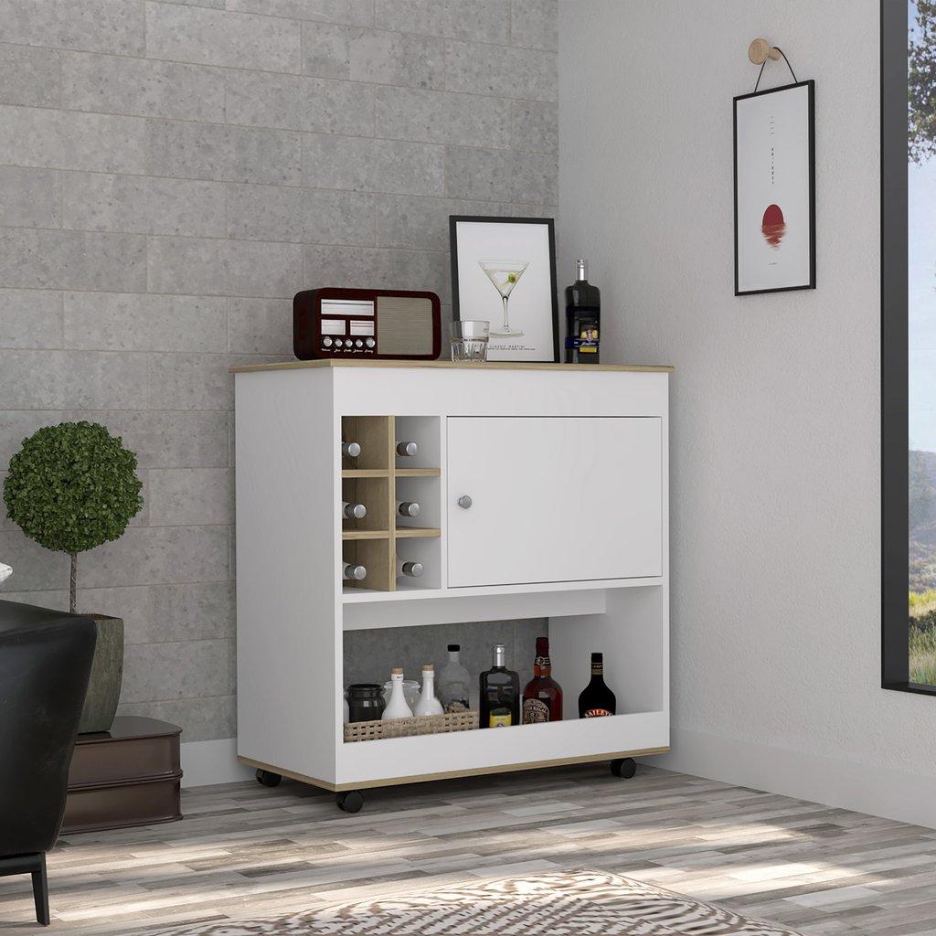 White modern bar cart with wine rack and cabinet
