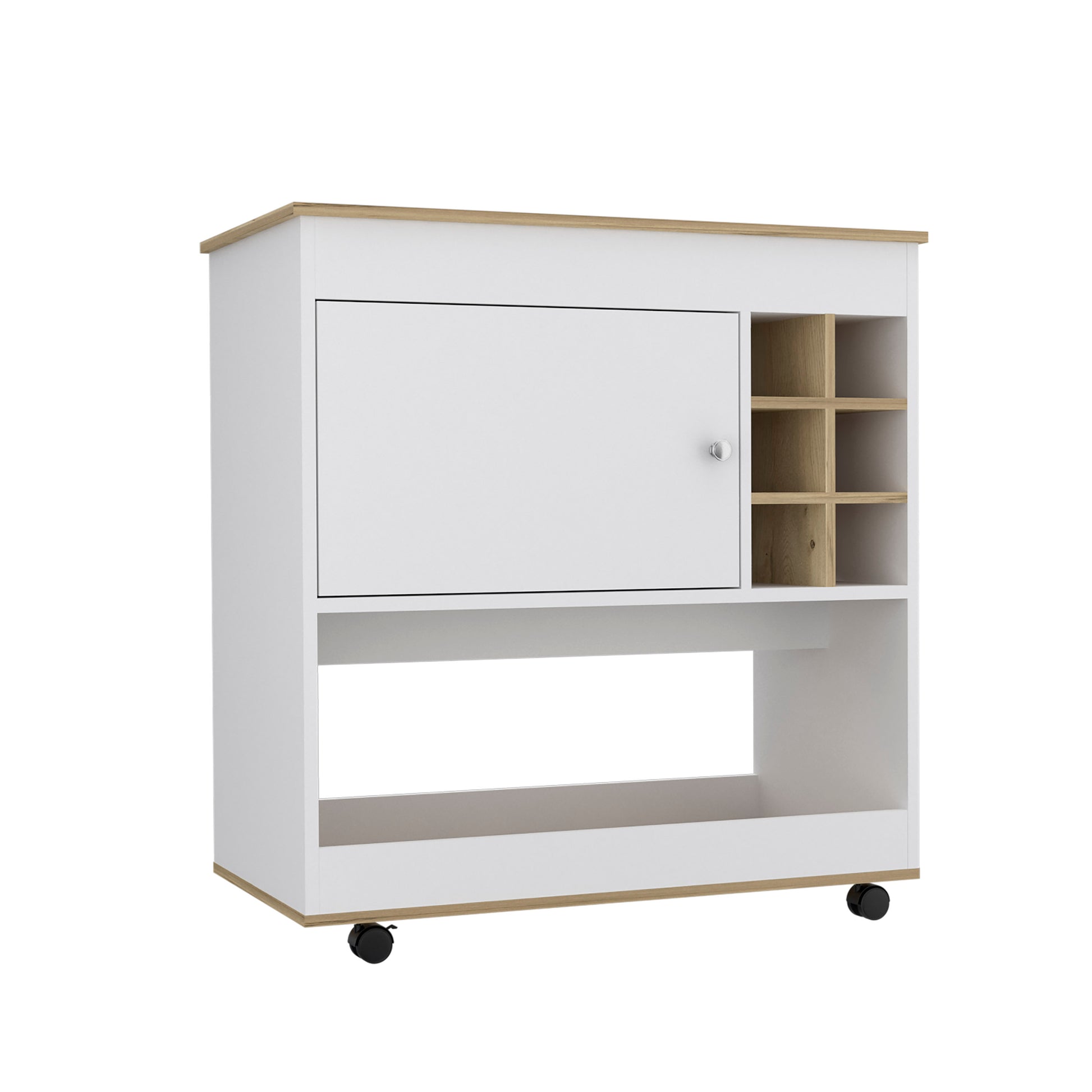 White kitchen cart with wooden accents and wheels