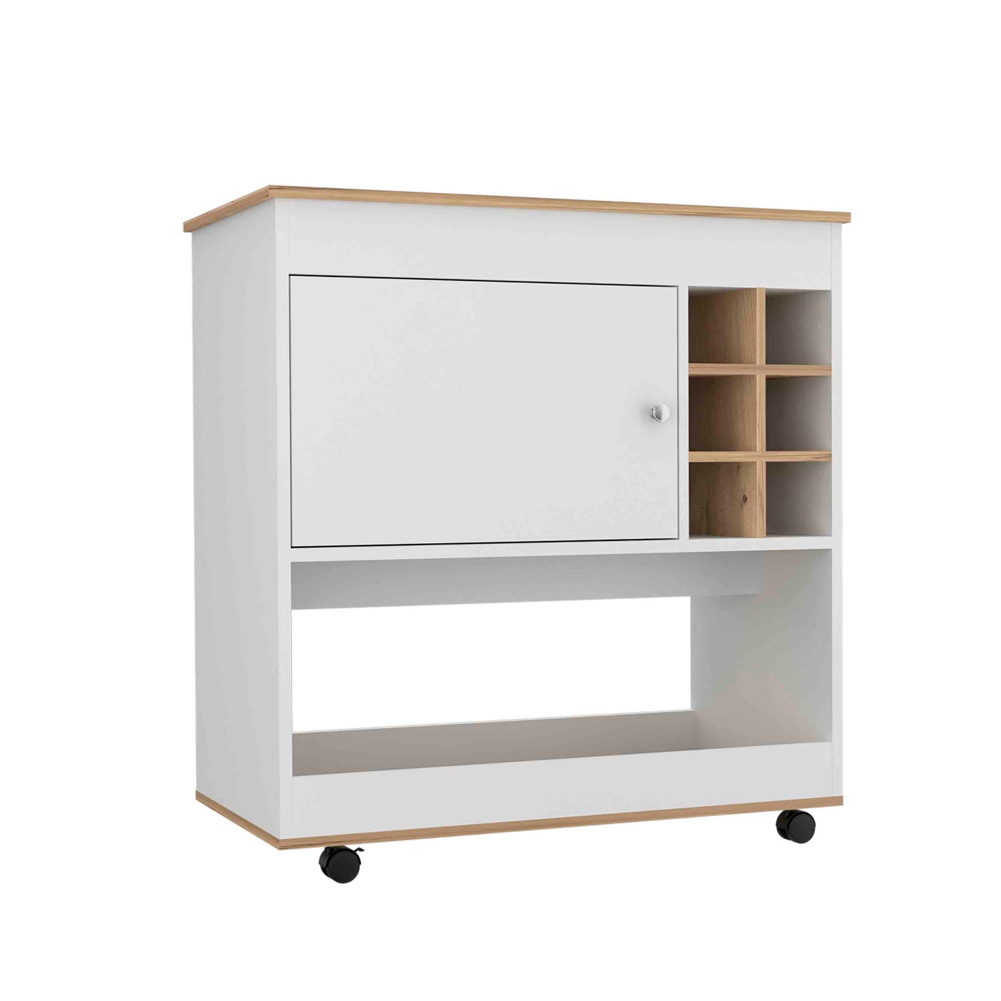 Modern white bar cart with oak accents and builtin shelving