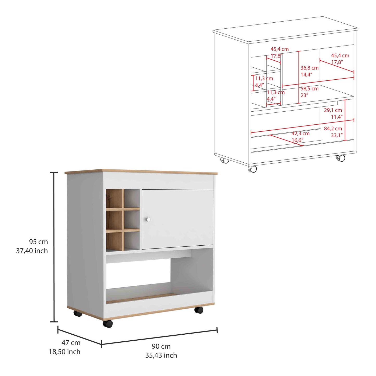 White kitchen cart with wine rack and door on wheels