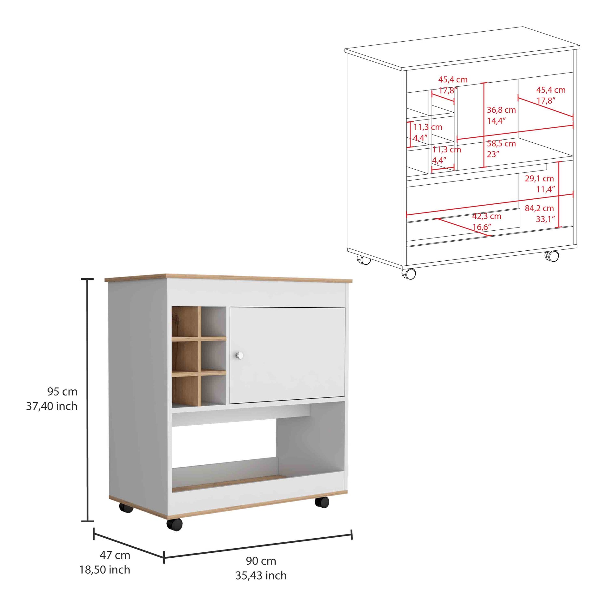 White kitchen cart with wine rack and door on wheels