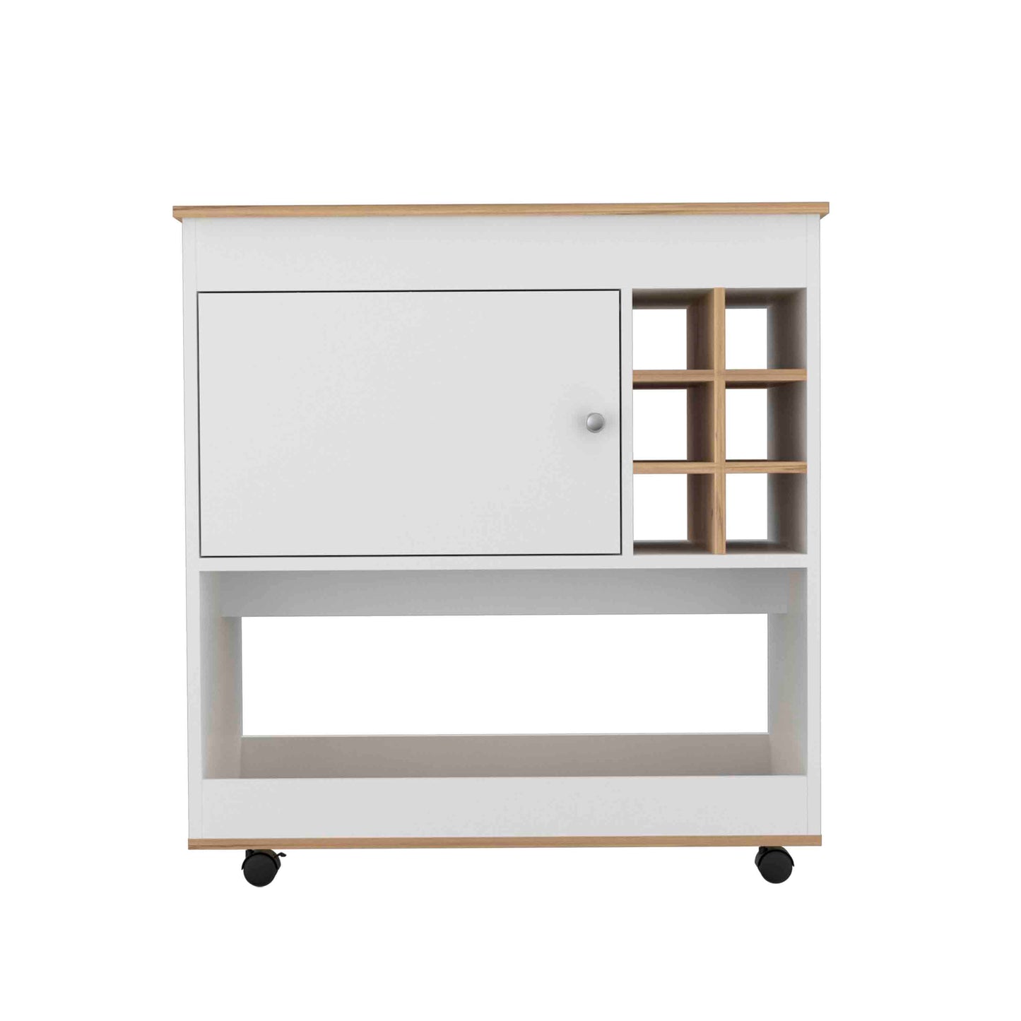White and wood kitchen cart with cabinet and wine rack