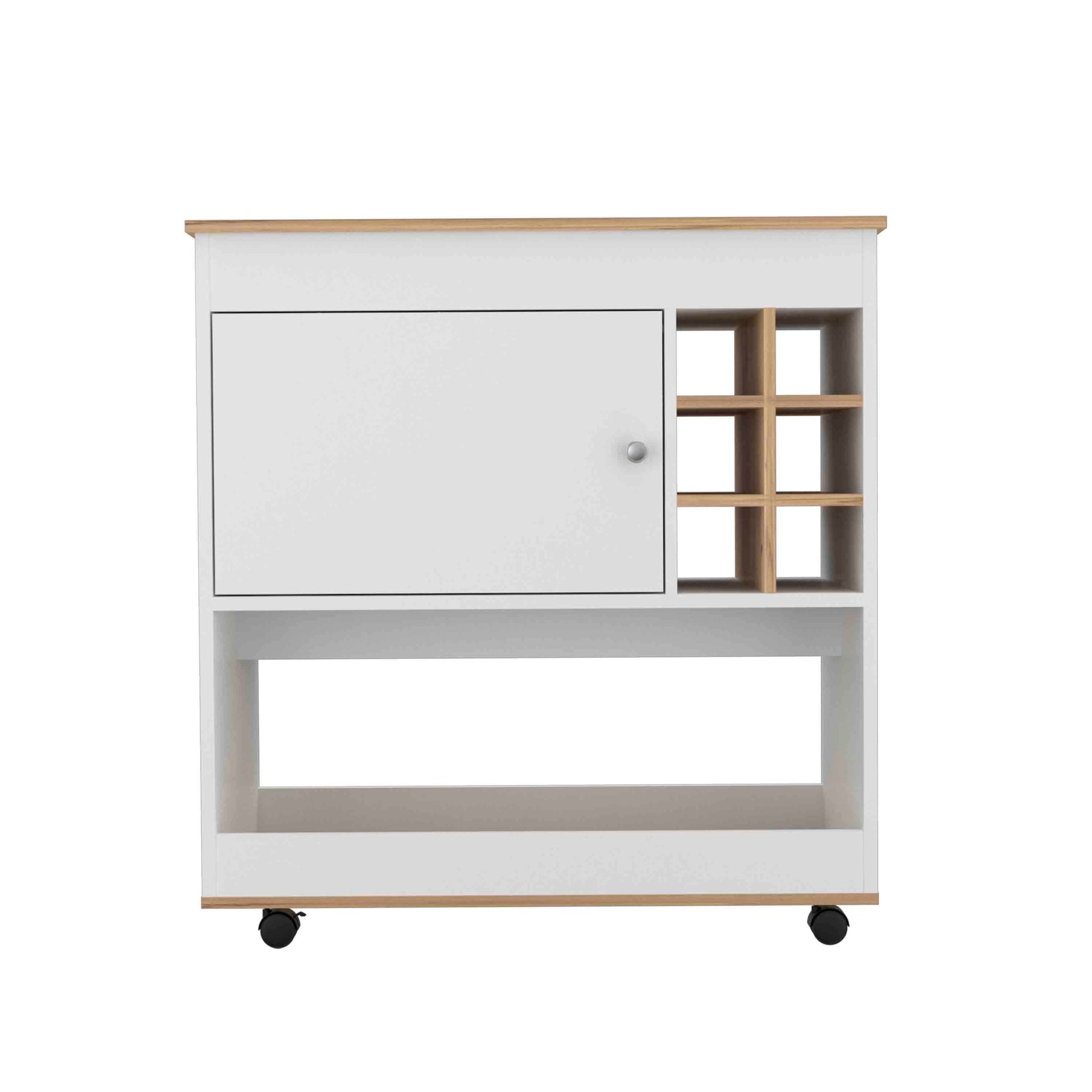 White and wood kitchen cart with cabinet and wine rack