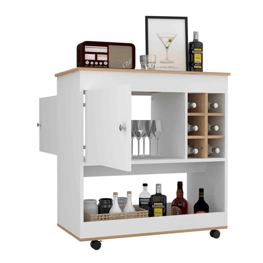 White and wood bar cart with wine rack and glassware