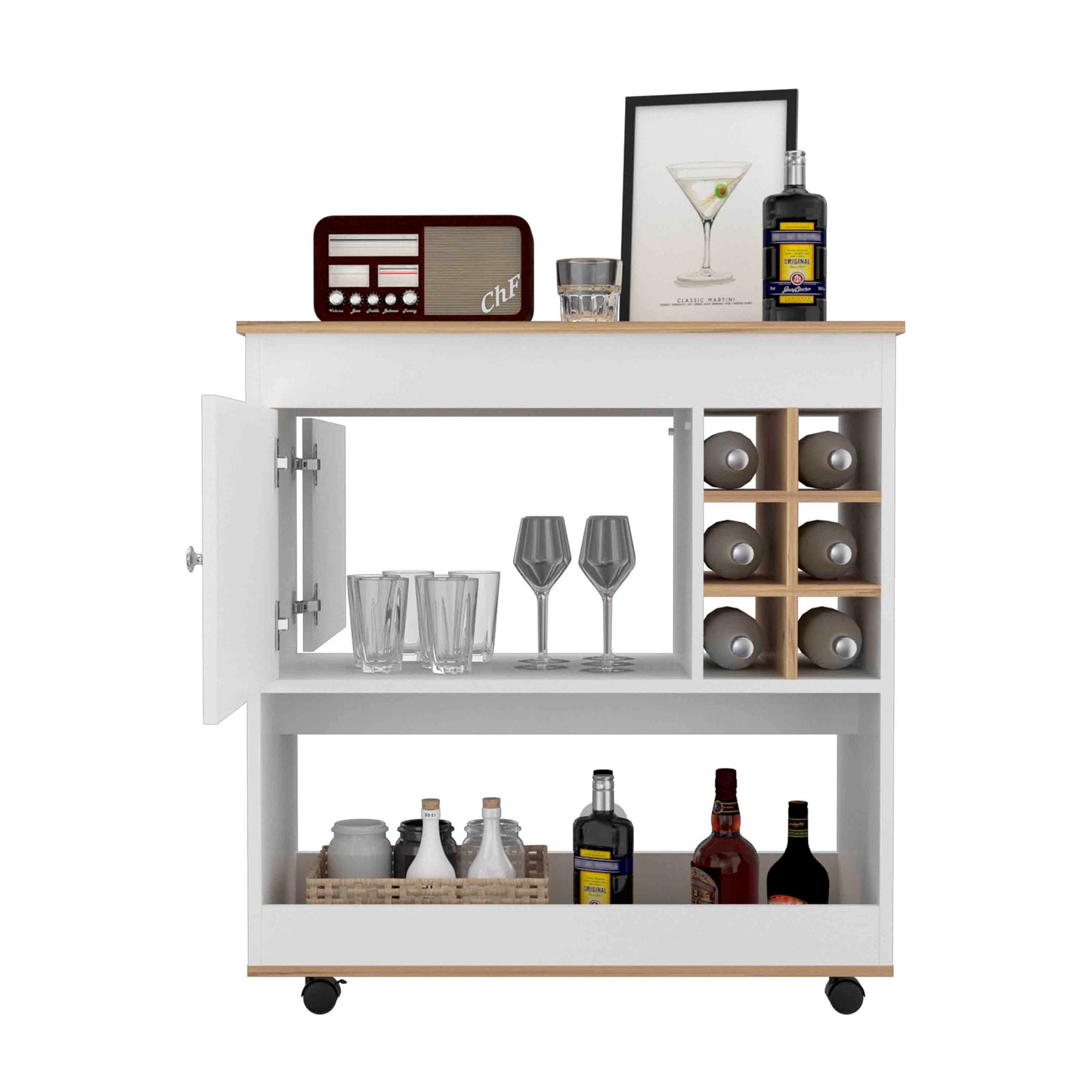 White bar cart with open cabinet door revealing glassware and wine rack