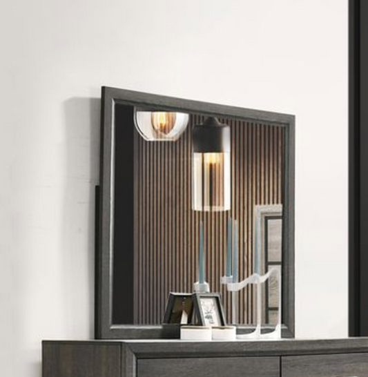 Dark wood dresser mirror with ribbed wood paneling and modern pendant light reflection