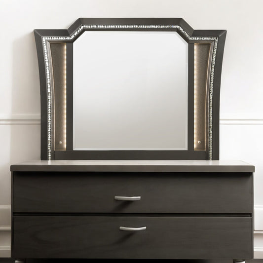 Glam dresser mirror with crystal trim and integrated lighting