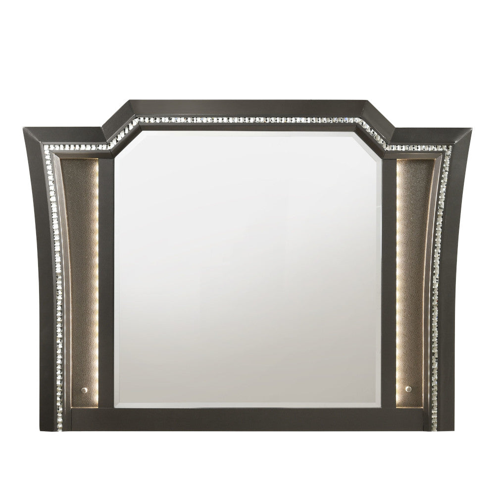 Glamorous dark wood vanity mirror with inlaid crystals and LED lighting