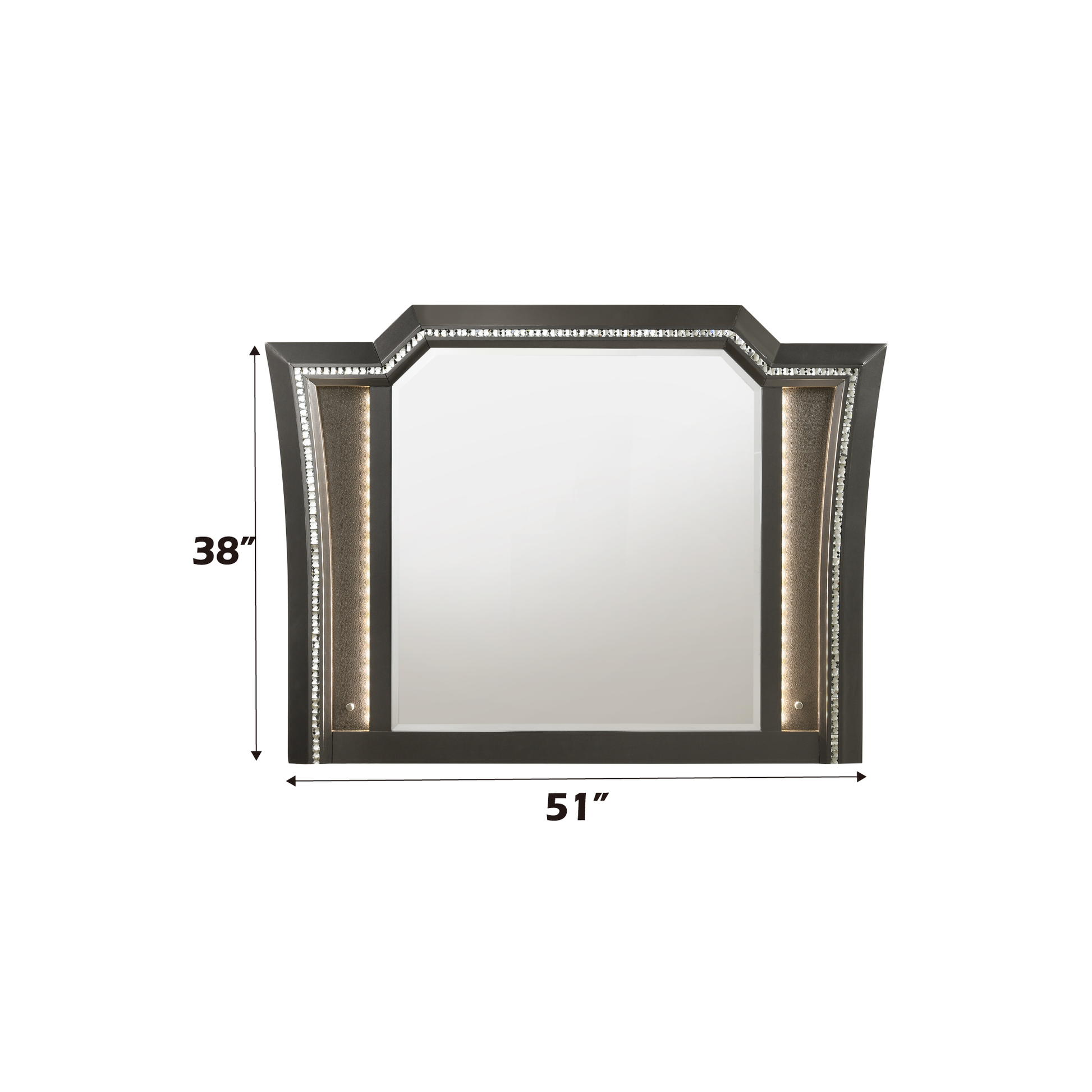 Elegant grey mirror with crystal accents and integrated lighting