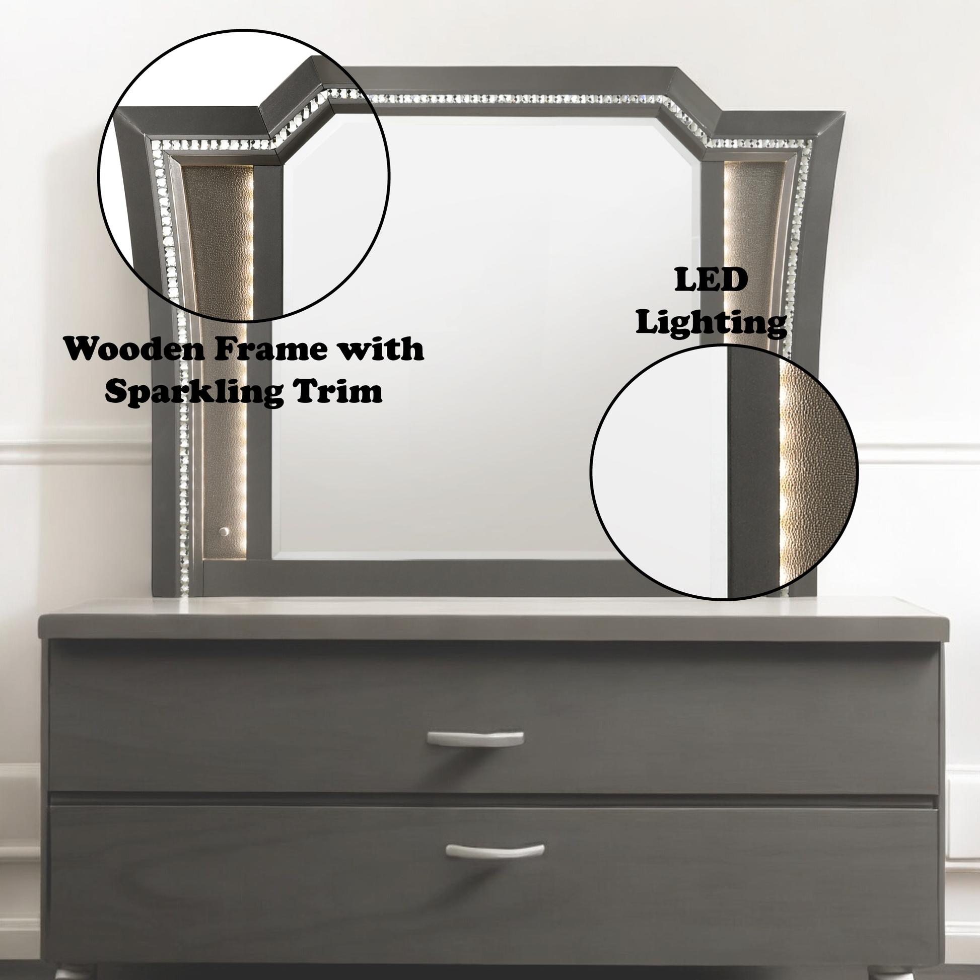 Gray wooden dresser with two drawers and modern silver handles