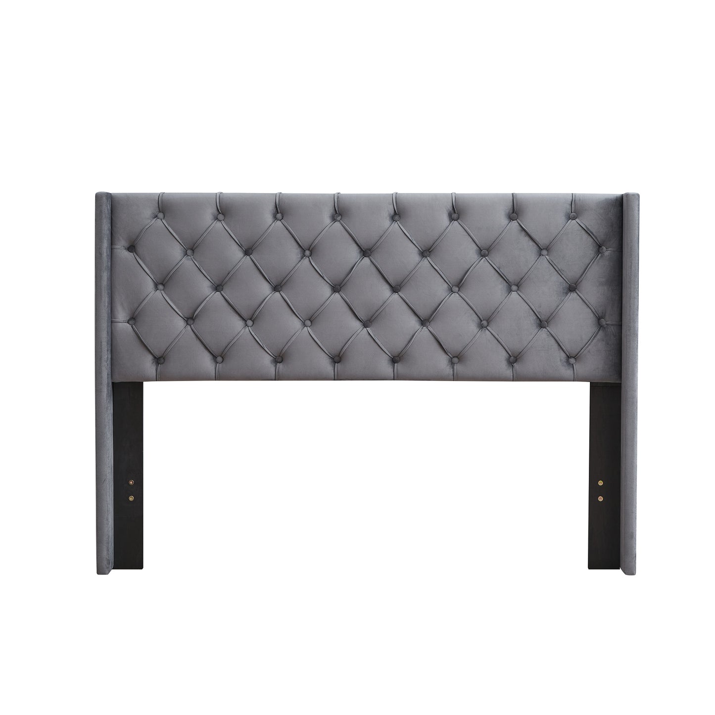 Grey velvet upholstered headboard with diamond tufting