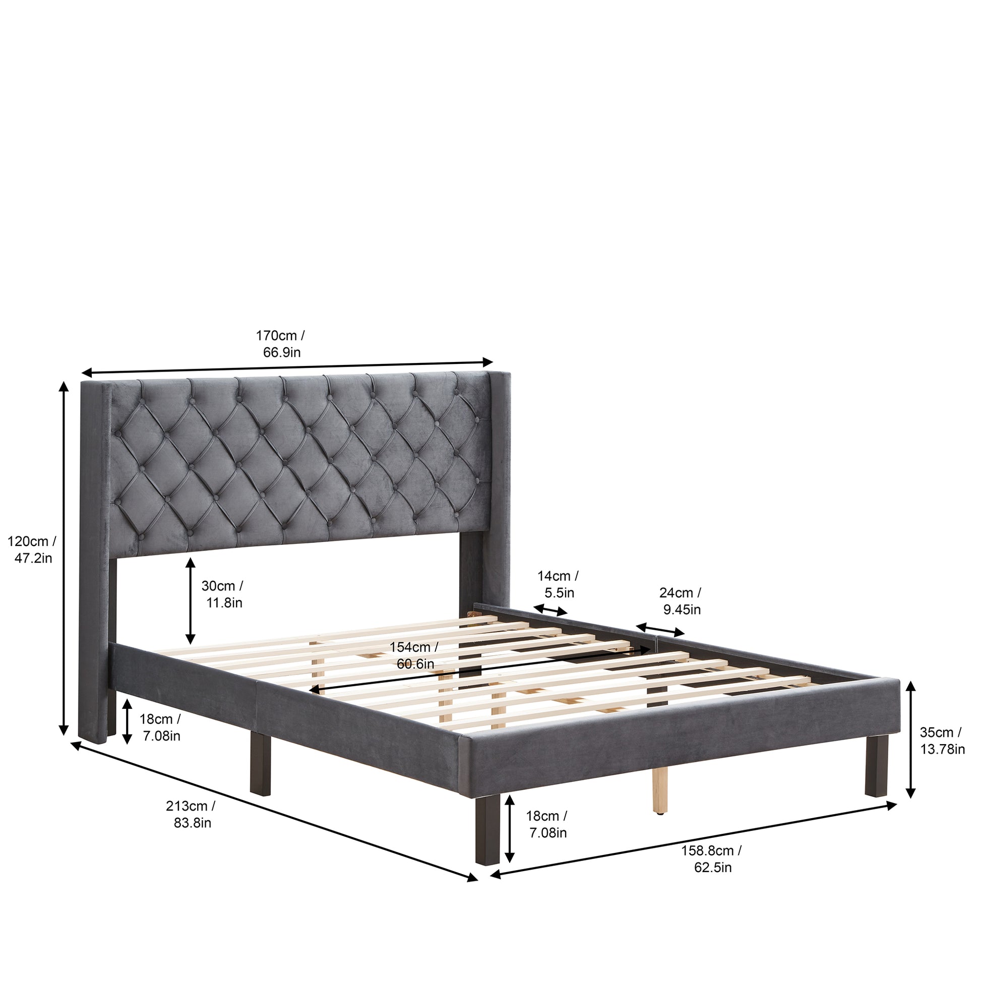 Tufted grey velvet wingback bed frame with wooden slats
