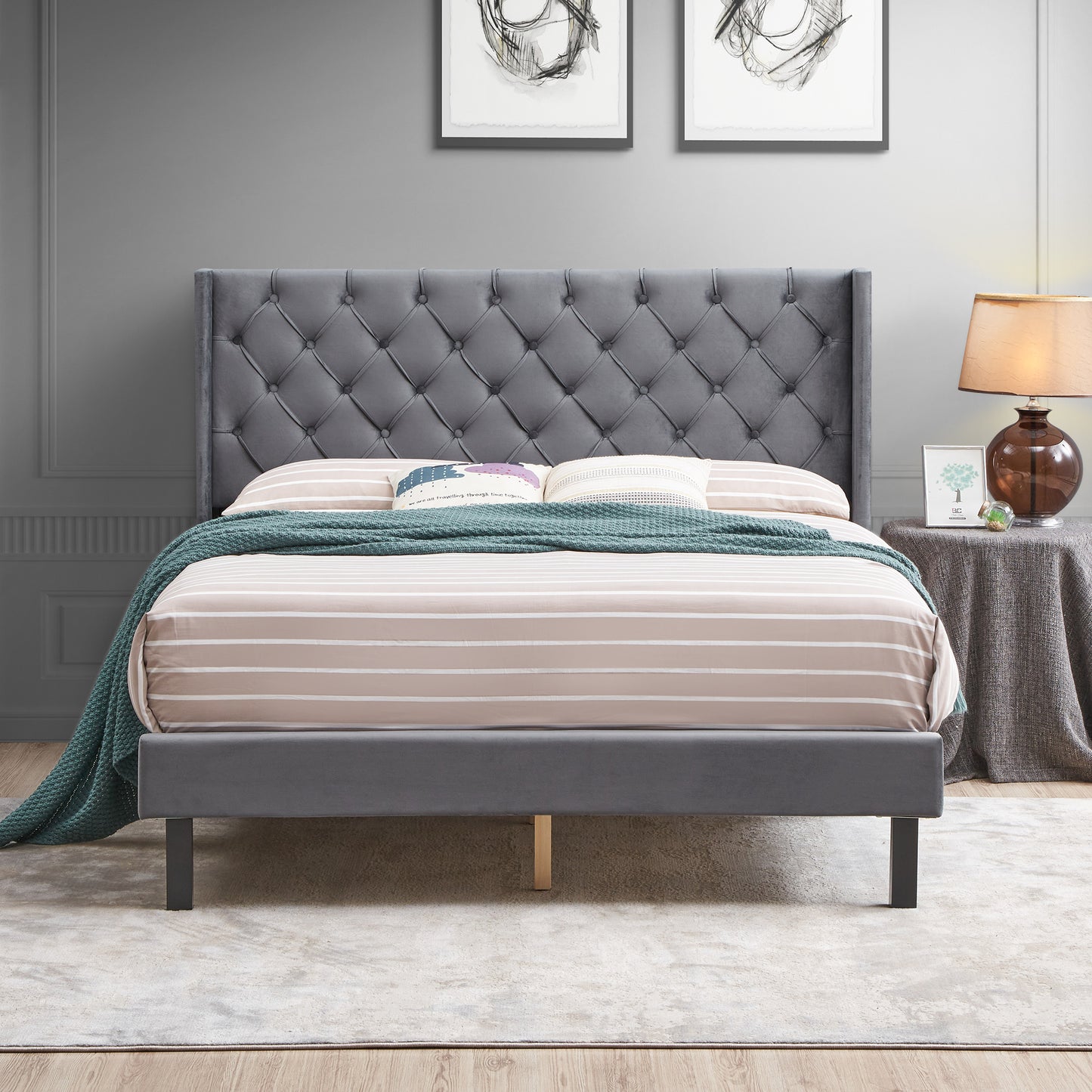 King size velvet tufted bed frame in charcoal gray with clean lines