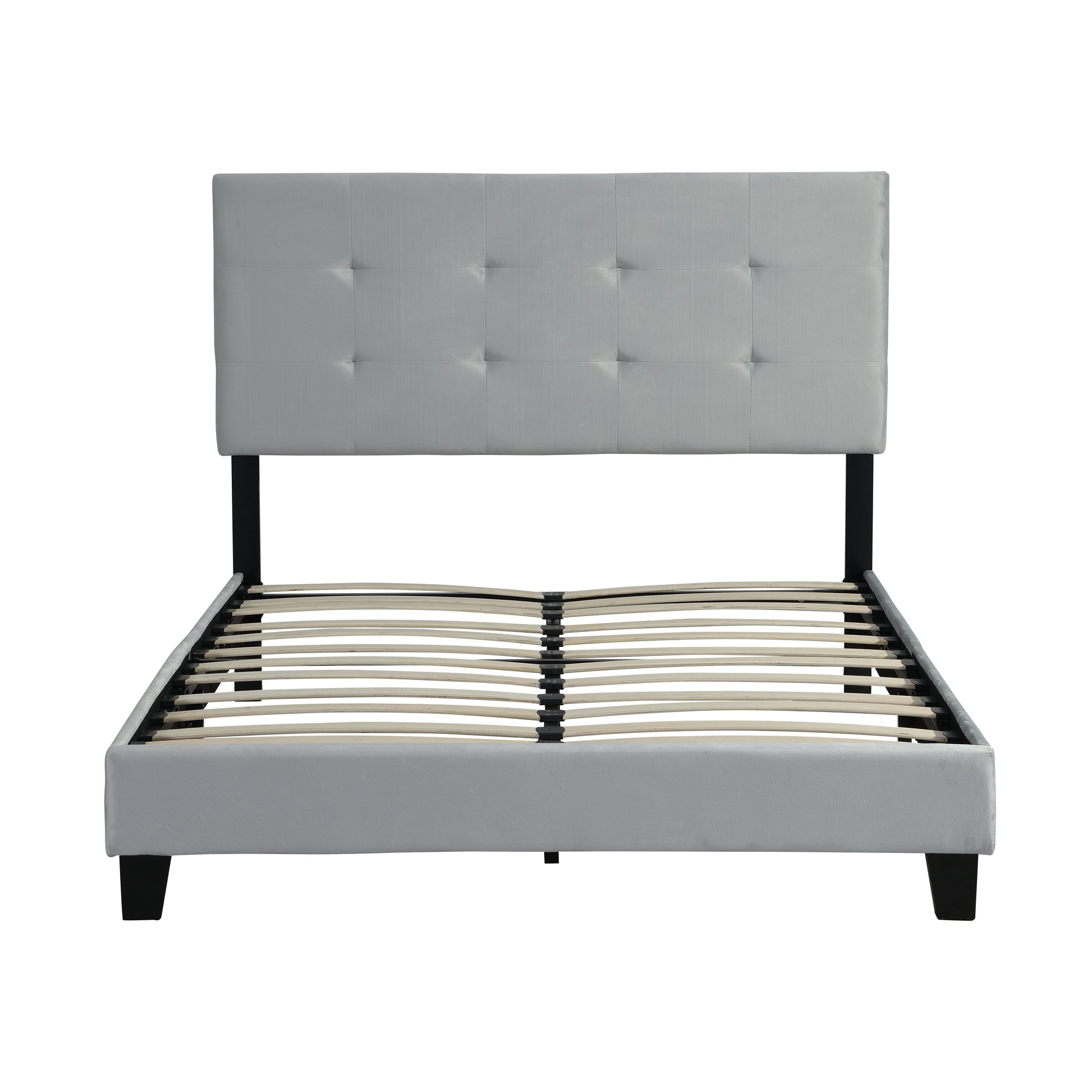 Gray tufted upholstered bed frame with black legs