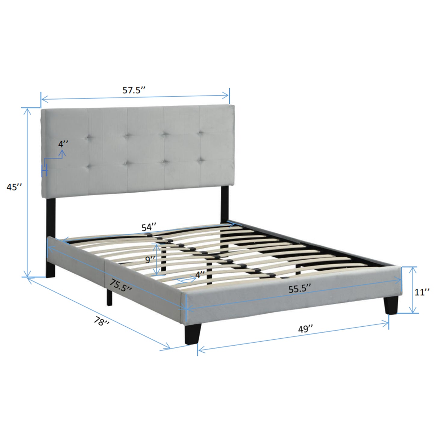 Light grey upholstered platform bed frame with buttontufted headboard and slatted base queen size