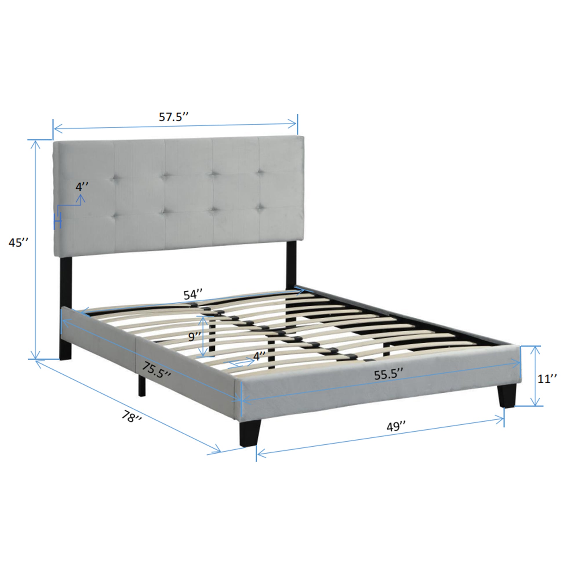 Light grey upholstered platform bed frame with buttontufted headboard and slatted base queen size
