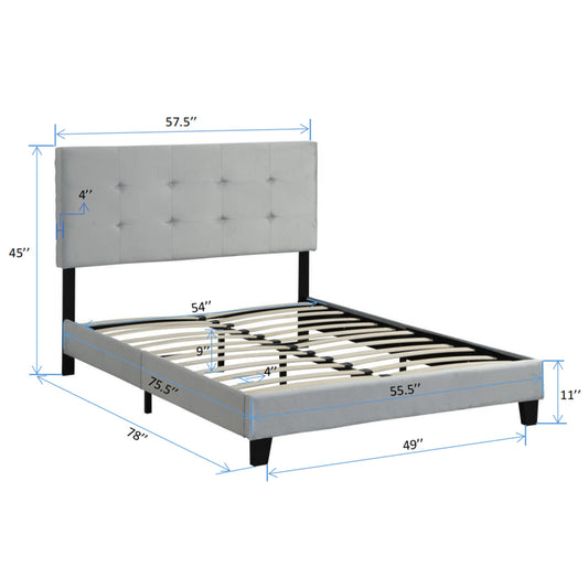 Light grey upholstered platform bed frame with buttontufted headboard and slatted base queen size