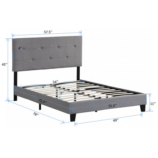 Tufted grey fabric king bed frame with dimensions shown